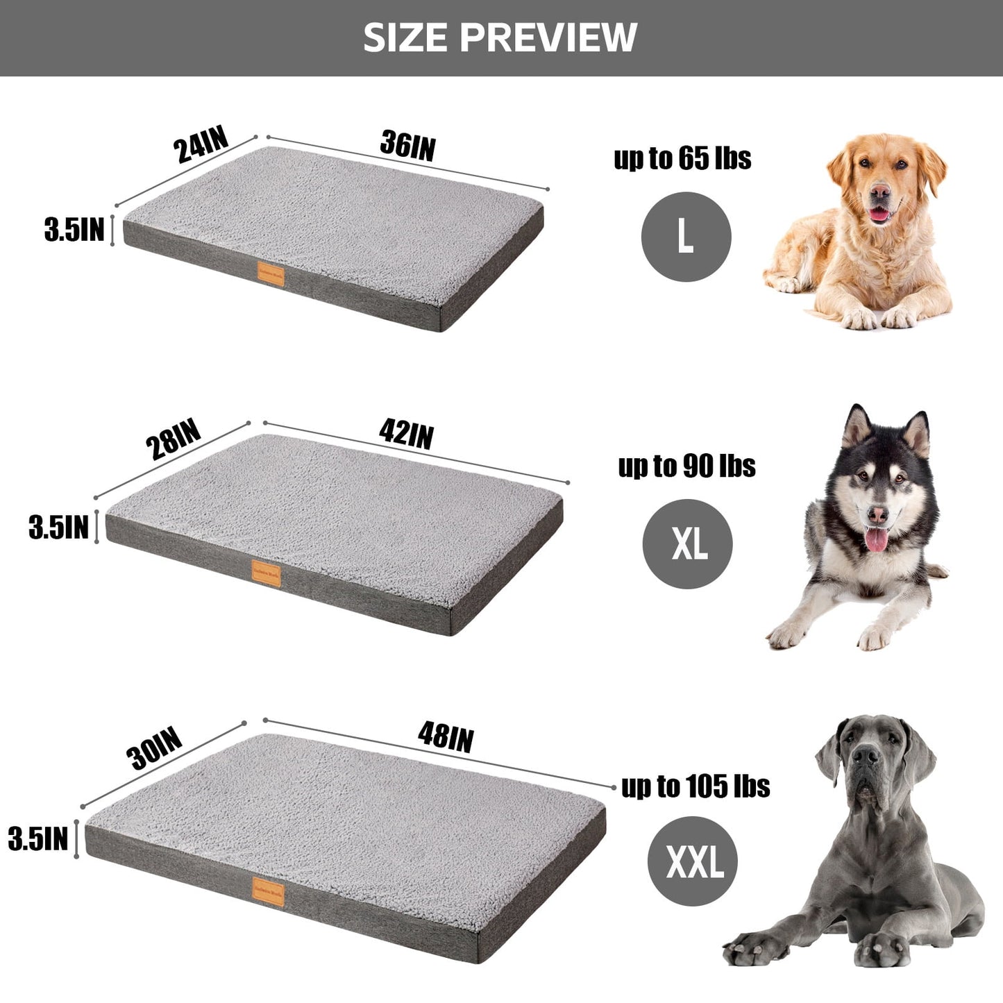 Exclusivo Mezcla Orthopedic Pet Bed for Medium Dogs 36"X24", Waterproof Dog Beds with Removable Washable Cover, Grey