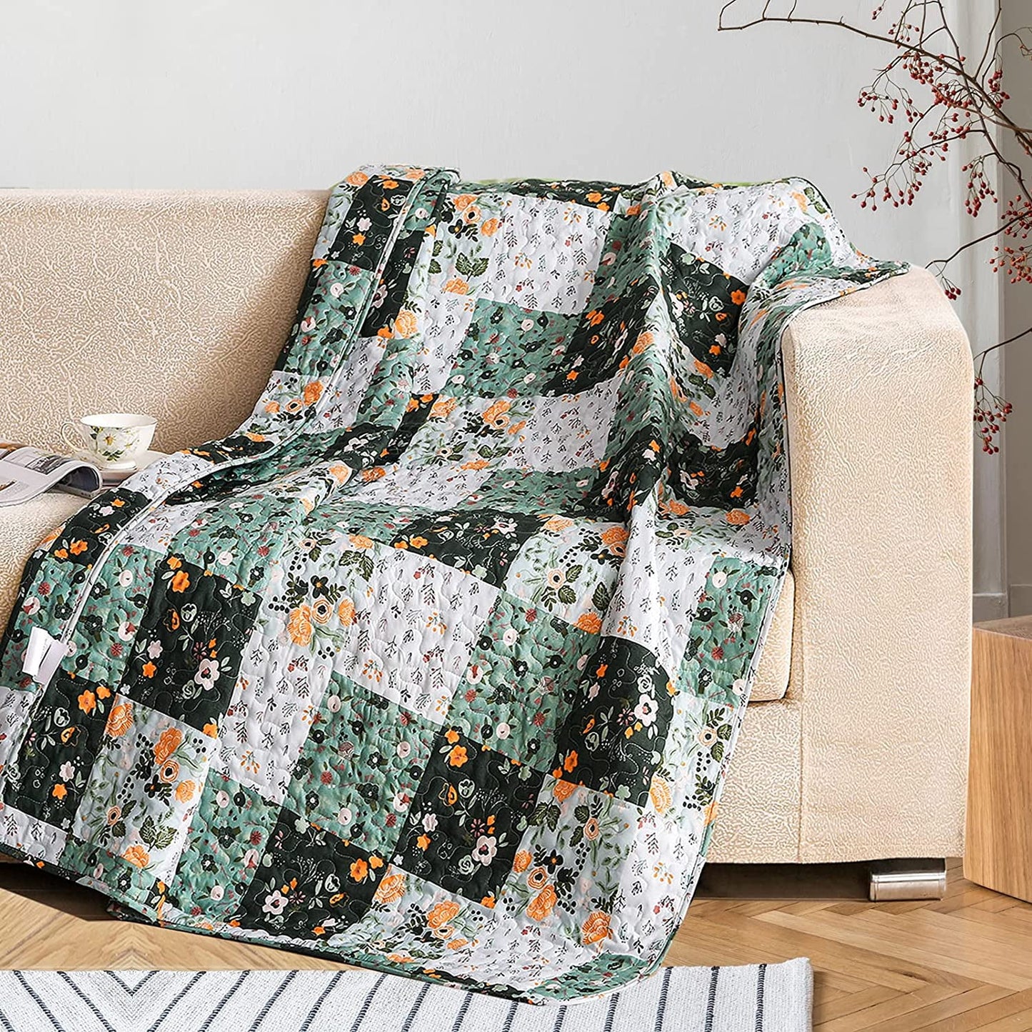 Exclusivo Mezcla Microfiber Boho Patchwork Pattern Quilted Throw Blanket for Bed/Couch/Sofa, Soft and Lightweight (50"x 60",Green)