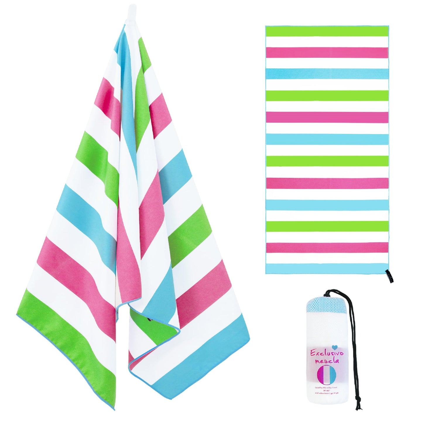 Exclusivo Mezcla Microfiber Quick Dry Beach Towel, Large Sand Free Beach Towel for Travel/Camping/Sports (Striped Multicolor, 30"X60") - Super Absorbent, Compact and Lightweight