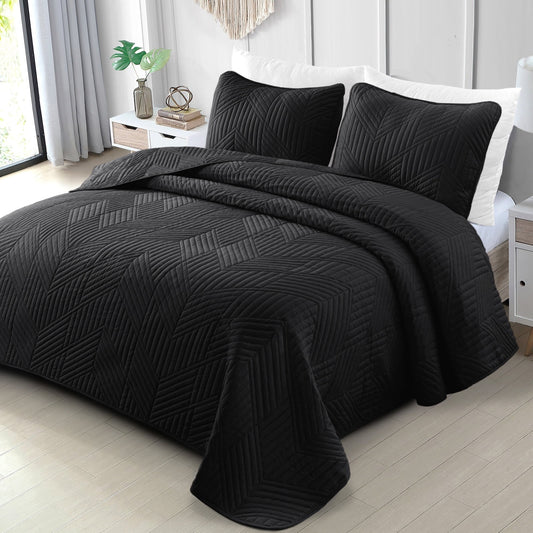 Exclusivo Mezcla Ultrasonic King Quilt Bedding Set, Lightweight Black Bedspreads Soft Modern Geometric Coverlet Set for All Seasons (1 Quilt and 2 Pillow Shams)