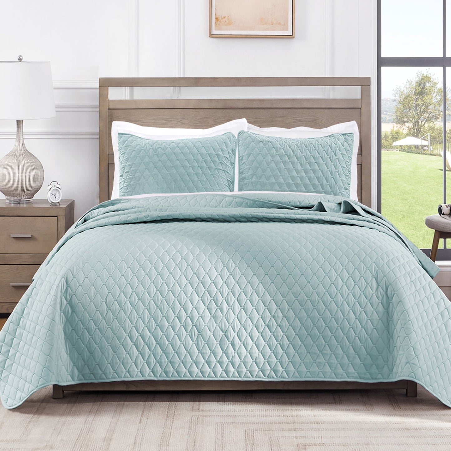 Exclusivo Mezcla Ultrasonic Reversible Twin Quilt Bedding Set with Pillow Sham, Lightweight Quilts Twin Size, Soft Bedspreads Bed Coverlets for All Seasons - (Aqua Blue, 68"x88")