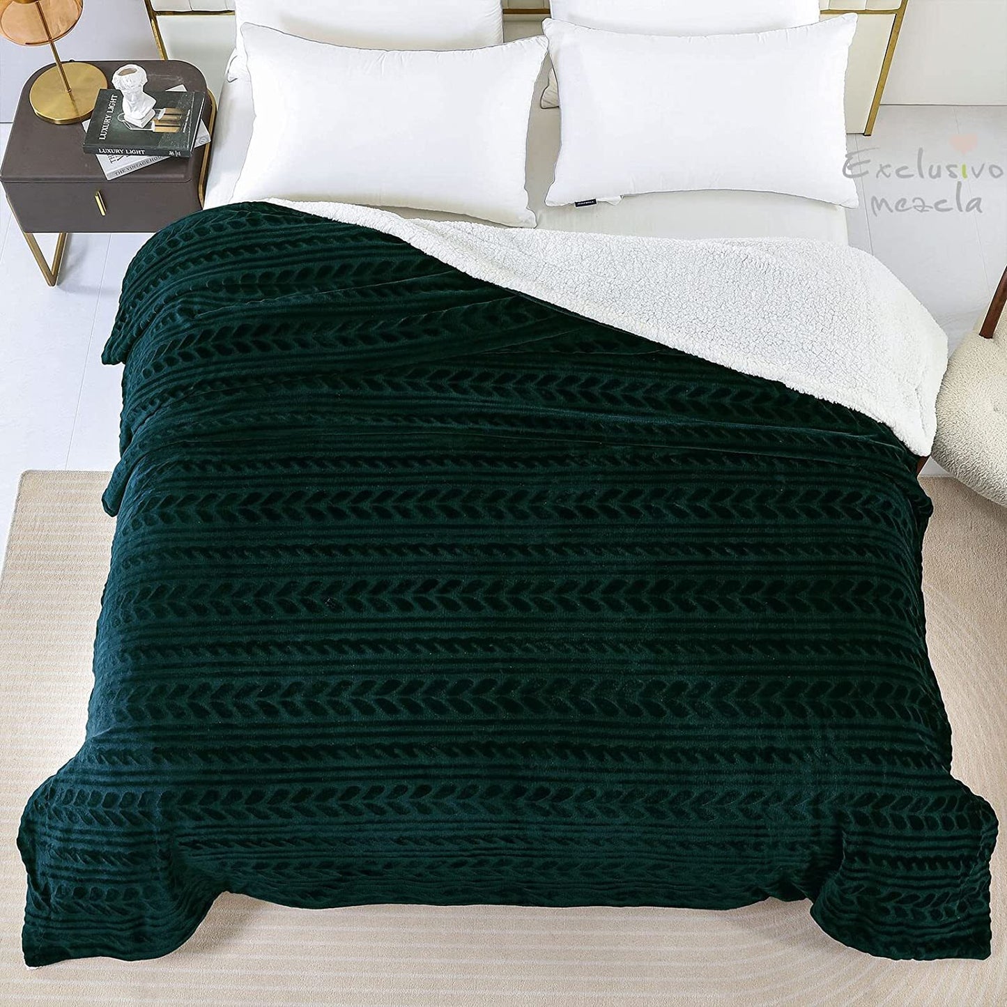 Exclusivo Mezcla Twin Size Sherpa Fleece Bed Blanket, Ultra Soft and Warm Reversible Velvet Blankets for Bed Couch Sofa 90x66 inches, Forest Green