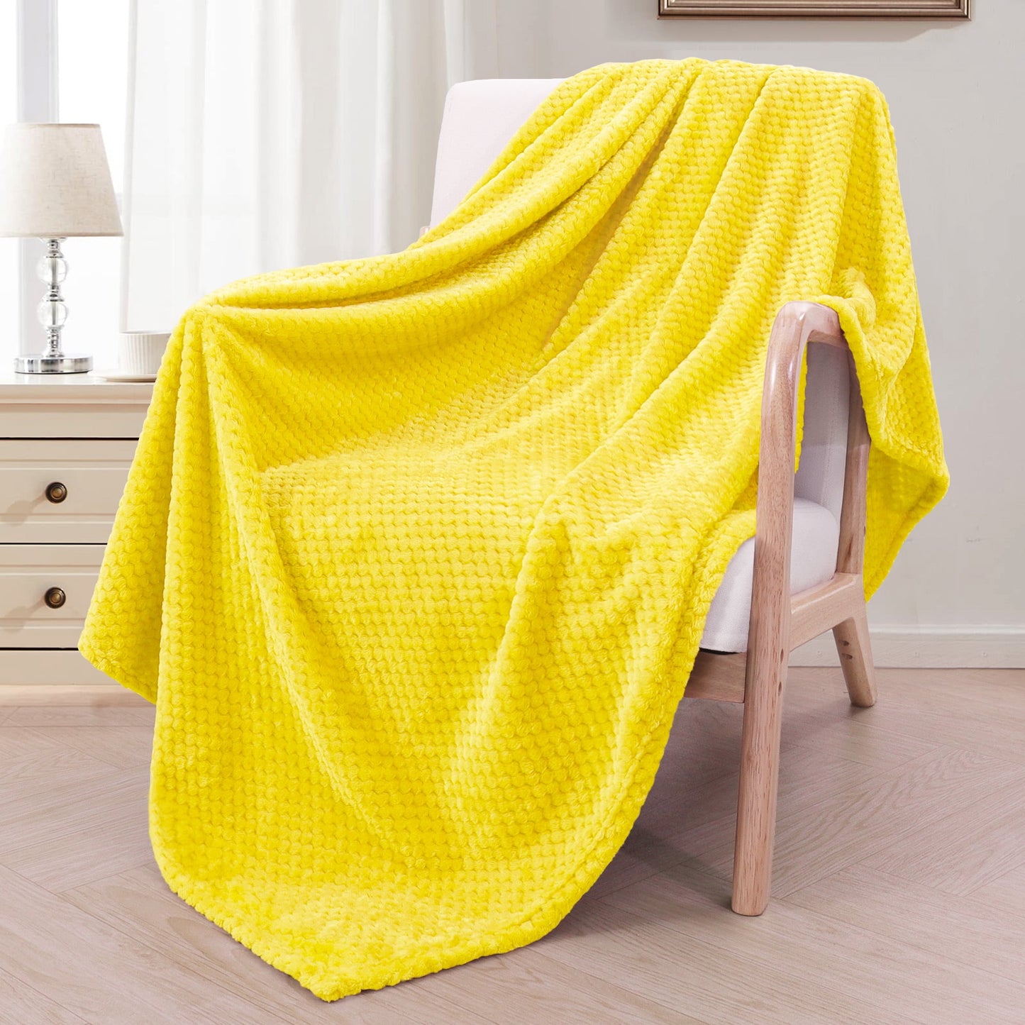 Exclusivo Mezcla Waffle Textured Extra Large Fleece Blanket, Super Soft and Warm Throw Blanket for Couch, Sofa and Bed (Vibrant Yellow, 50x70 inches)-Cozy, Fuzzy and Lightweight