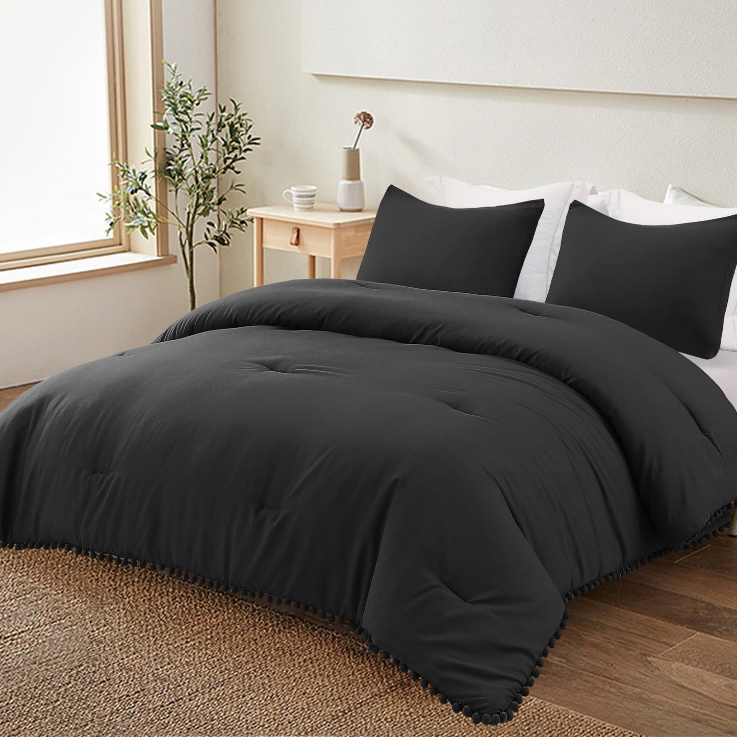 Exclusivo Mezcla Boho Pom Pom Ball Fringe Twin Comforter Set, 2 Piece Black Lightweight Down Alternative Bedding Comforter Sets for All Seasons (1 Comforter and 1 Pillowcase)