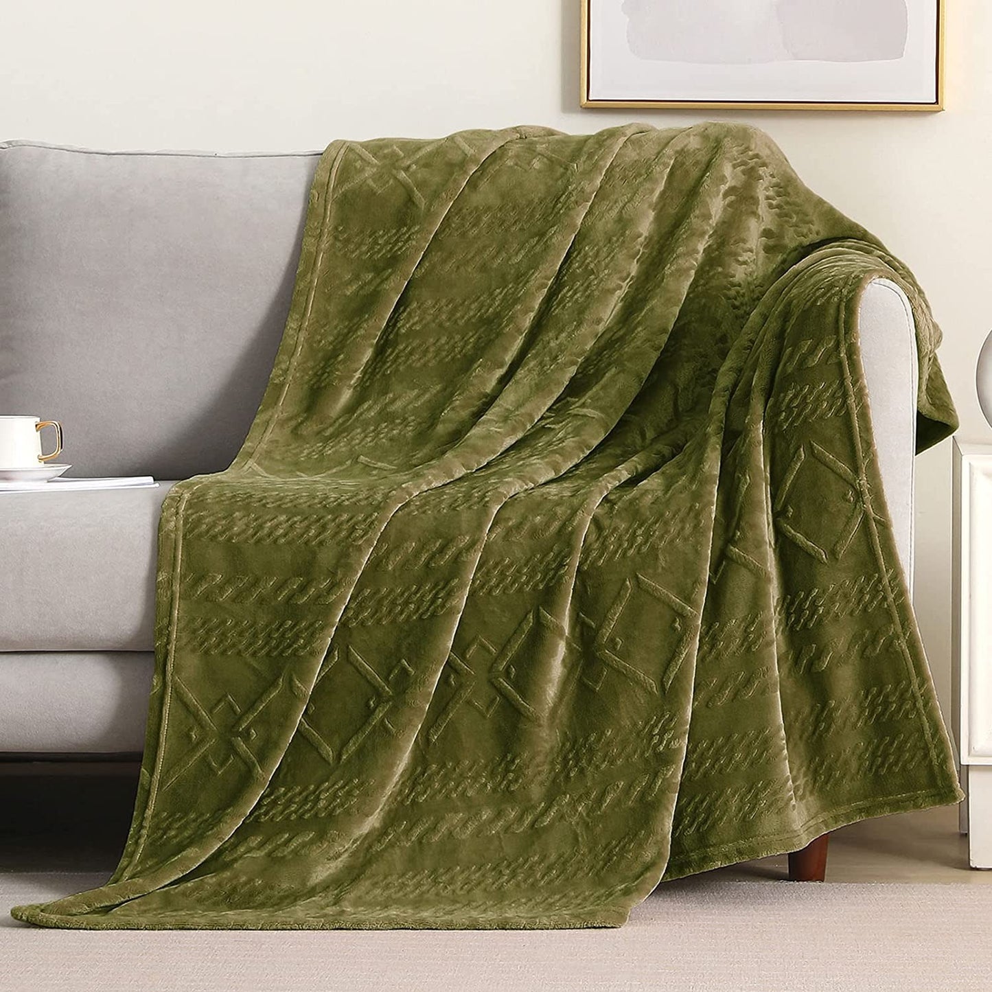Exclusivo Mezcla Soft Throw Blanket, Large Fuzzy Fleece Blanket, Decorative Geometry Pattern Plush Throw Blanket for Couch/Sofa/Bed, 50x60 Inches, Green