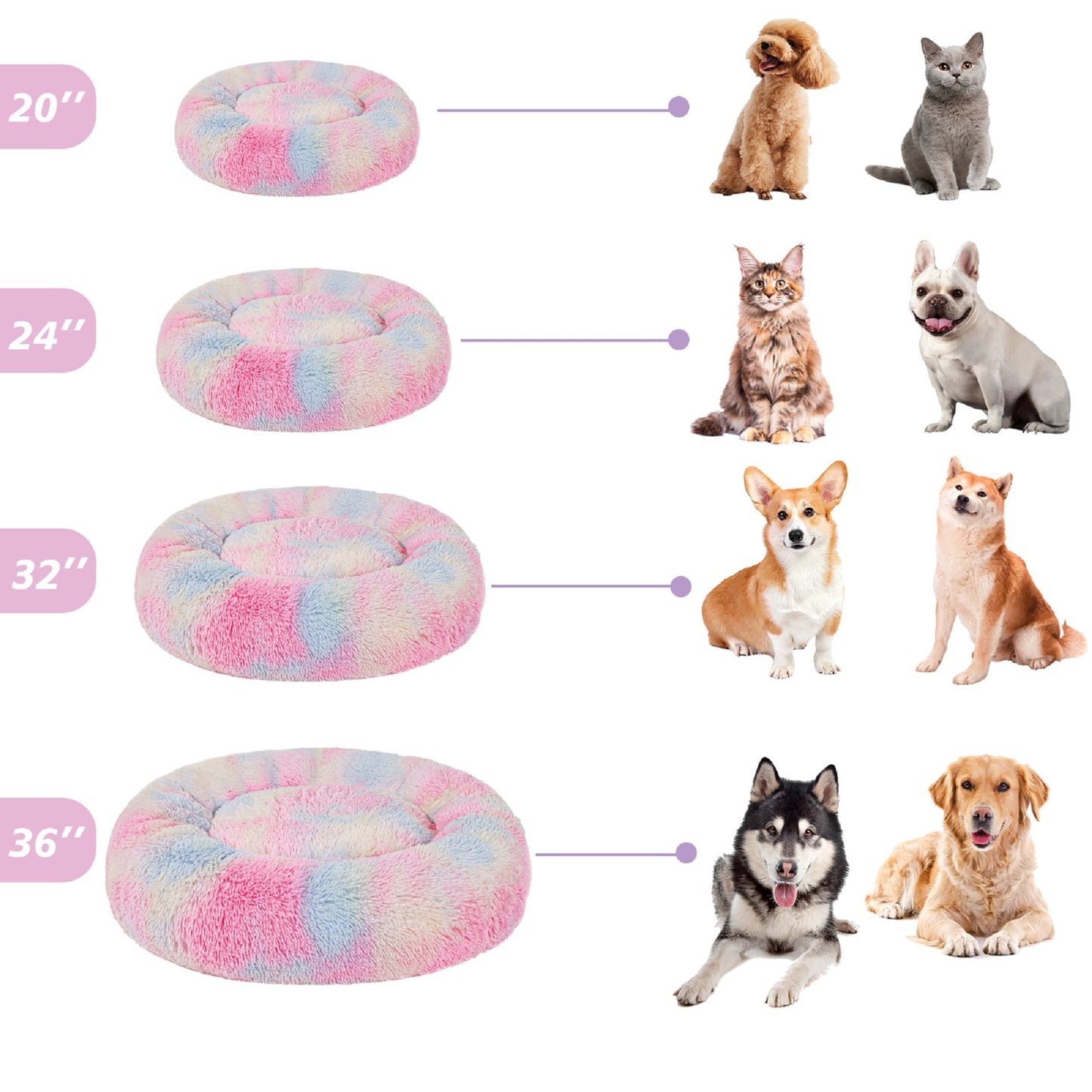 Exclusivo Mezcla Calming Donut Dog Bed for Small Medium and Large Dogs, Anti-Anxiety Plush Cozy Warming Pet Bed (24"x24",Pink Rainbow)