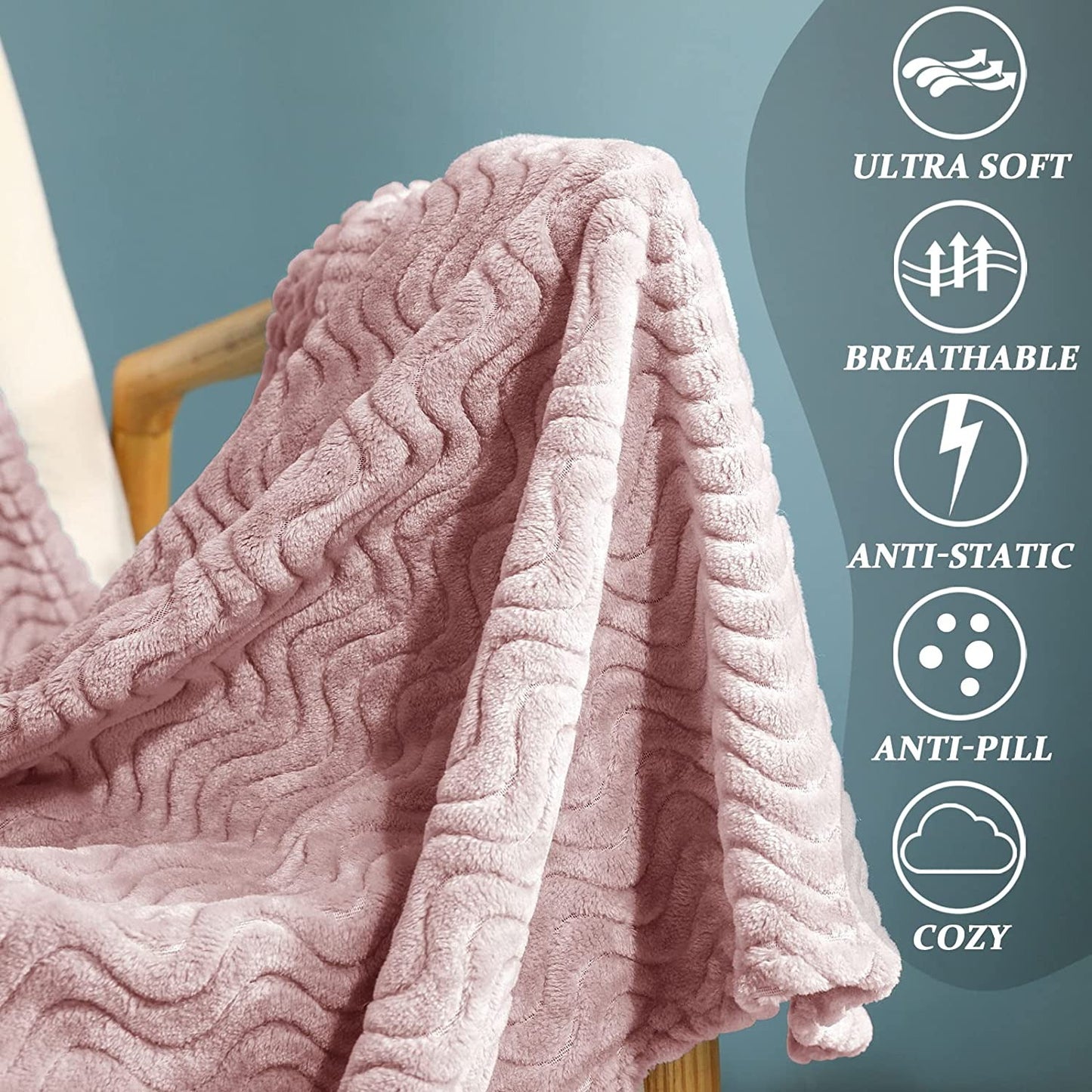 Exclusivo Mezcla Large Flannel Fleece Throw Blanket, Jacquard Weave Wave Pattern (50" x 70", Pink) - Soft, Warm, Lightweight and Decorative