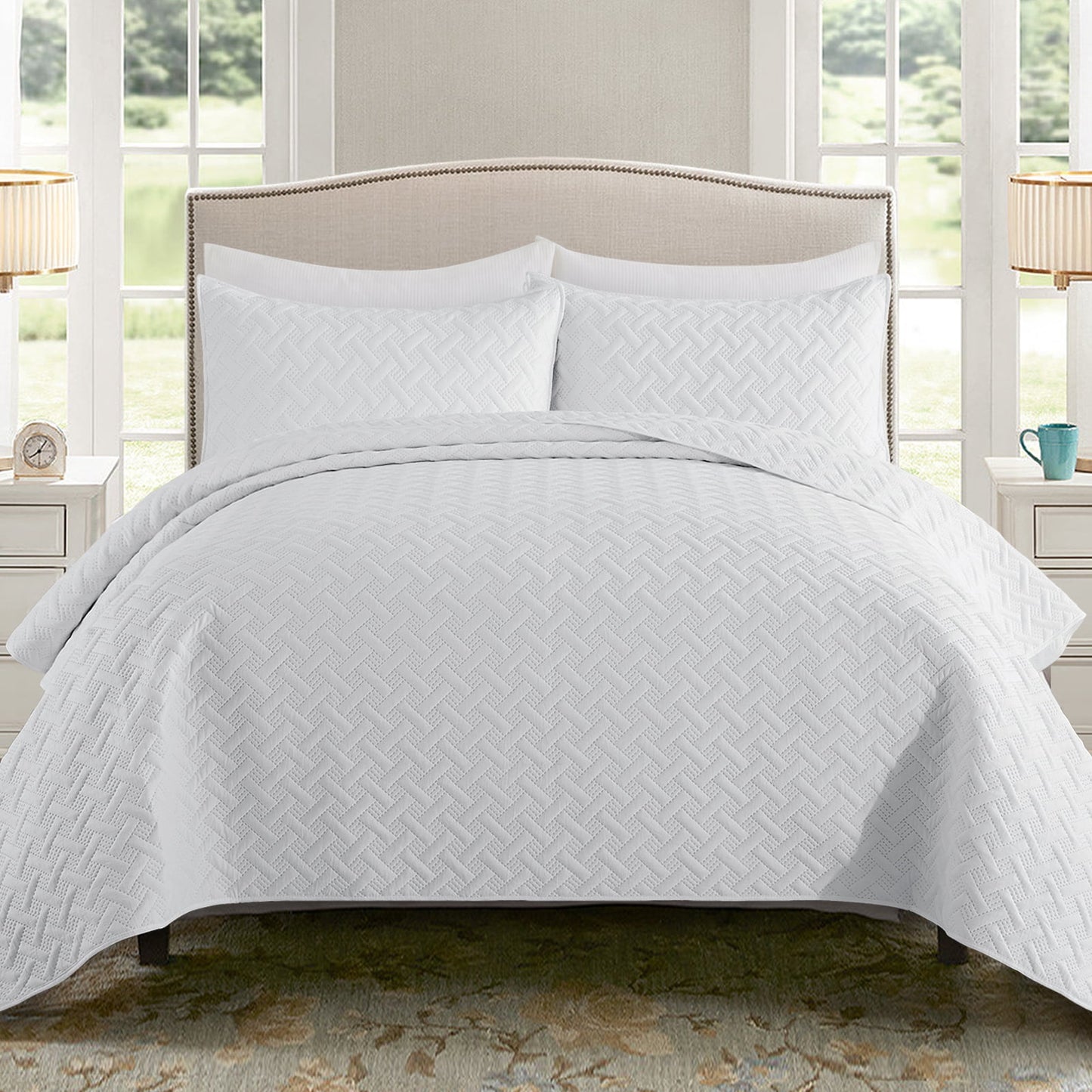 Exclusivo Mezcla 2-Piece White Twin Size Quilt Set, Weave Pattern Ultrasonic Lightweight and Soft Quilts/Bedspreads/Coverlets/Bedding Set (1 Quilt, 1 Pillow Sham) for All Seasons