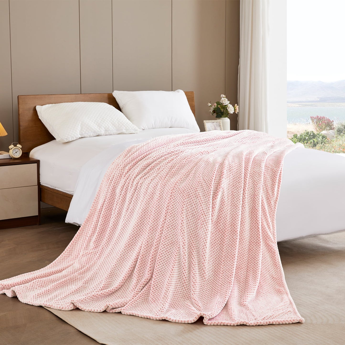 Exclusivo Mezcla Waffle Textured Soft Fleece Blanket, Queen Size Bed Blanket, Cozy Warm and Lightweight (Mixed Pink, 90x90 inches)