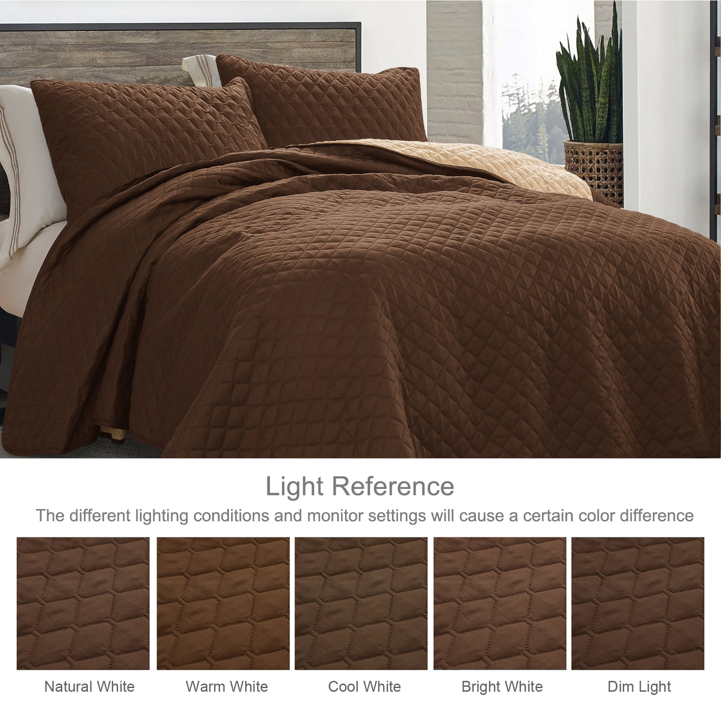 Exclusivo Mezcla Ultrasonic Reversible King Size Quilt Bedding Set with Pillow Shams, Lightweight Quilts King Size, Soft Bedspreads Bed Coverlets for All Seasons - (Chocolate Brown, 104"x96")