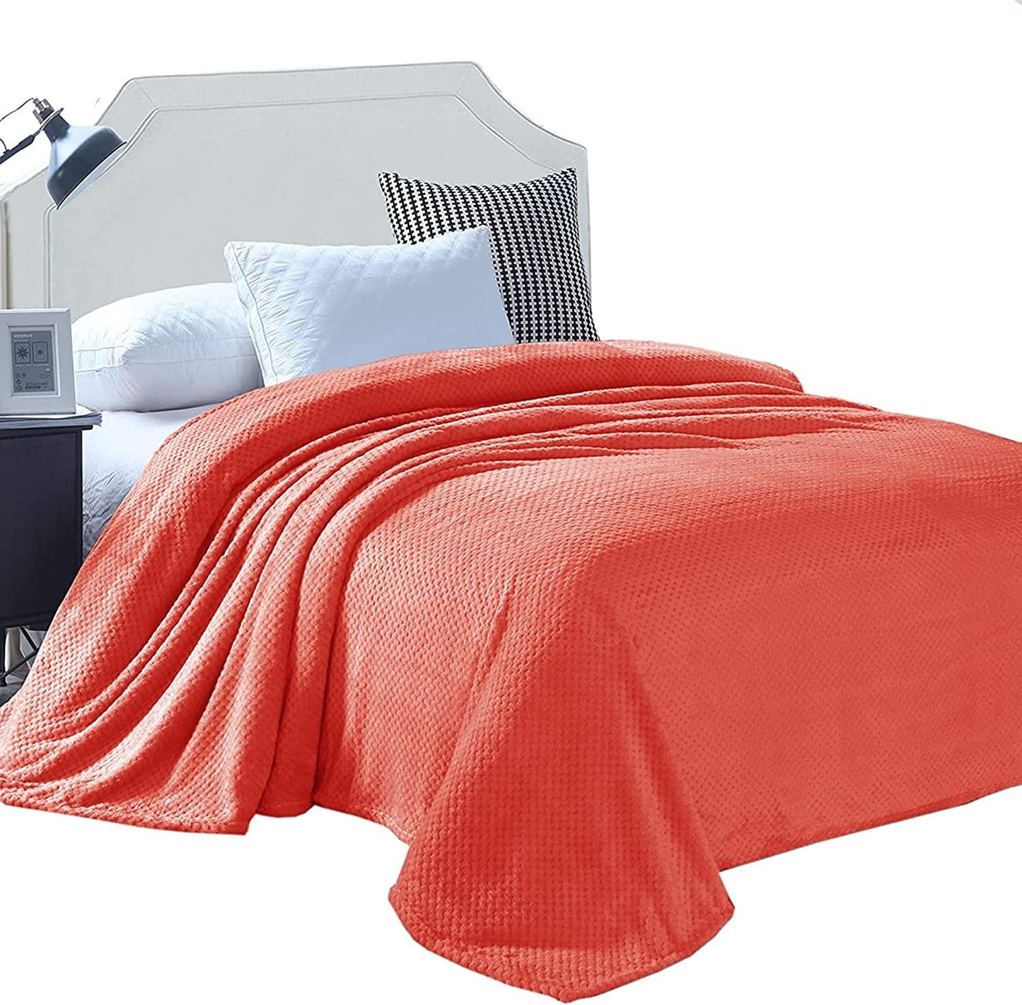 Exclusivo Mezcla Waffle Textured Soft Fleece Blanket, Twin Size Bed Blanket, Cozy Warm and Lightweight (Coral Orange, 90x66 inches)