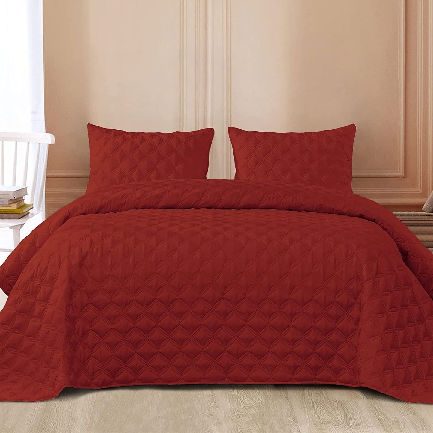 Exclusivo Mezcla Bed Quilt Set King Size for All Season, Stitched Pattern Quilted Bedspread/Bedding Set/Coverlet with 2 Pillow Shams, Lightweight and Soft, Red
