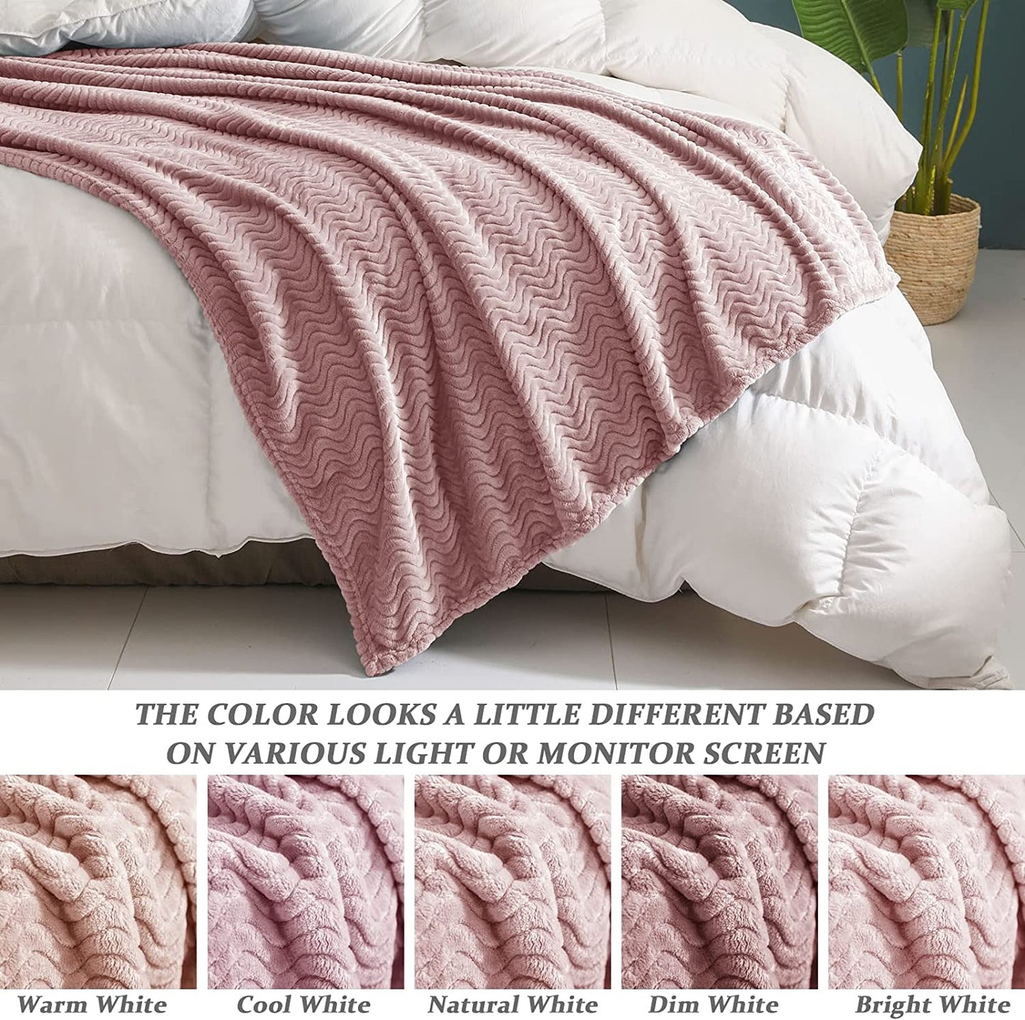 Exclusivo Mezcla Large Flannel Fleece Throw Blanket, Jacquard Weave Wave Pattern (50" x 70", Pink) - Soft, Warm, Lightweight and Decorative