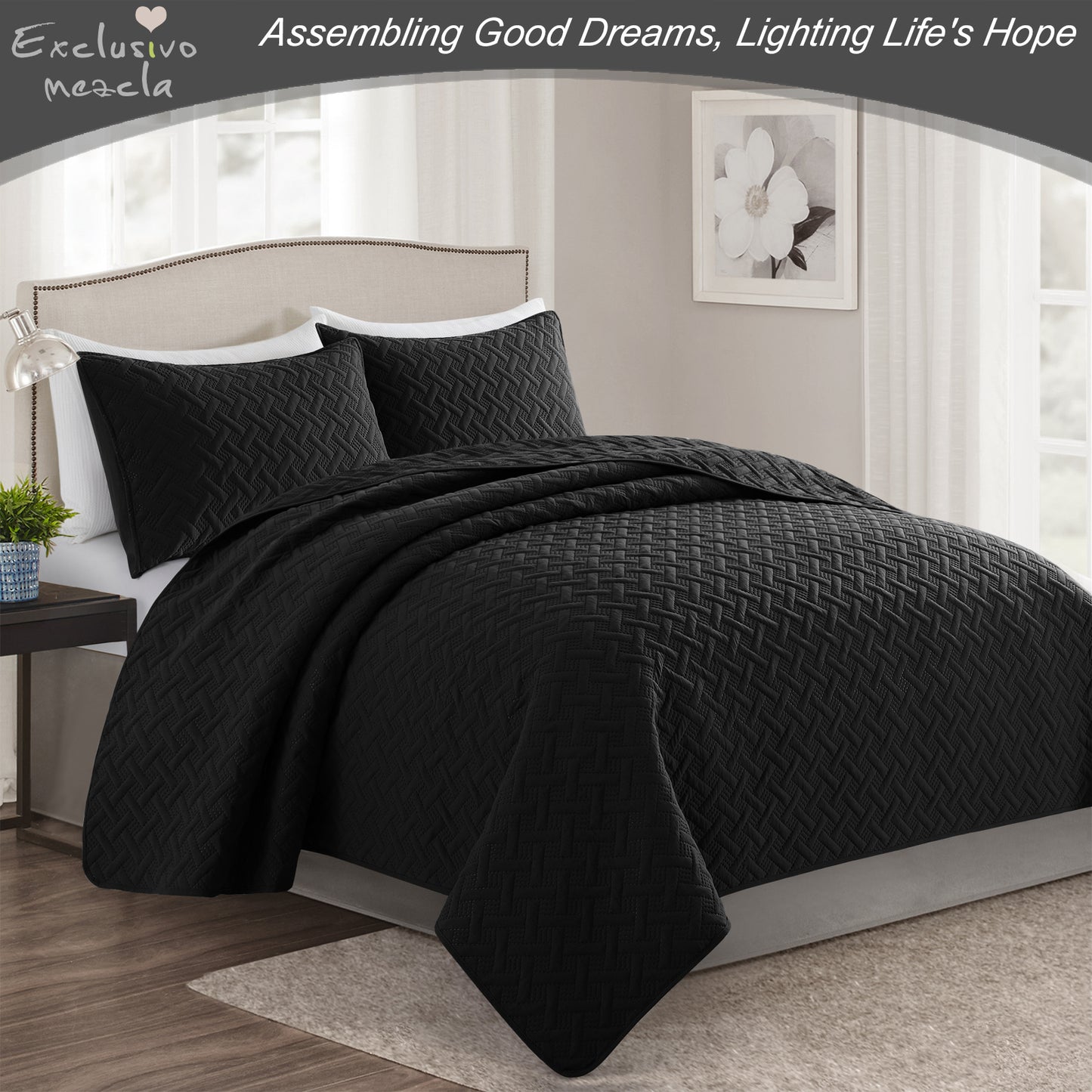 Exclusivo Mezcla 3-Piece Black King Size Quilt Set, Weave Pattern Ultrasonic Lightweight and Soft Quilts/Bedspreads/Coverlets/Bedding Set (1 Quilt, 2 Pillow Shams) for All Seasons