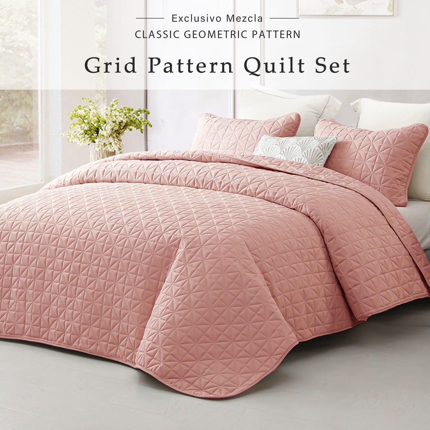 Exclusivo Mezcla Twin Quilt Bedding Set for All Seasons, Lightweight Soft Pink Quilts Twin Size Bedspreads Coverlets Bed Cover with Geometric Stitched Pattern, (1 Quilt, 1 Pillow Sham)