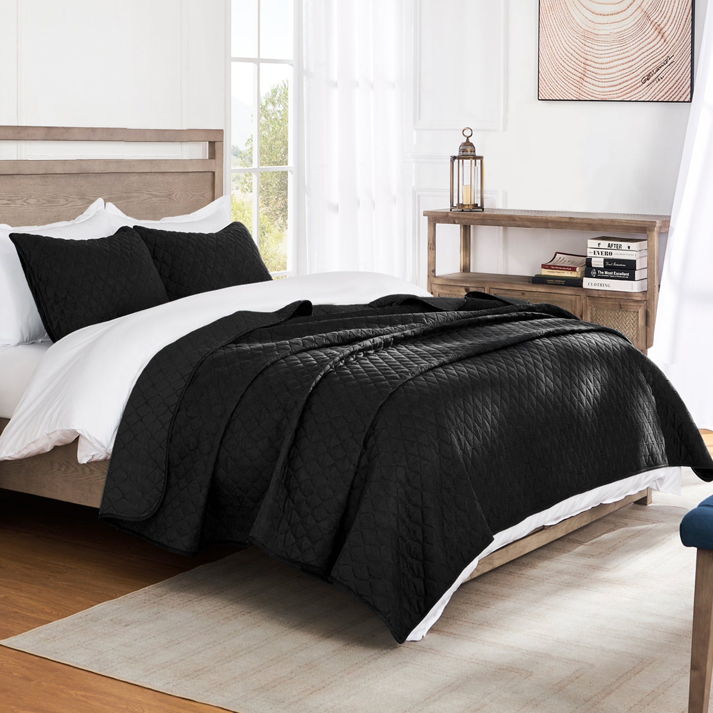 Exclusivo Mezcla Ultrasonic Reversible Full Queen Quilt Bedding Set with Pillow Shams, Lightweight Quilts Queen Size, Soft Bedspreads Bed Coverlets for All Seasons - (Black, 90"x96")