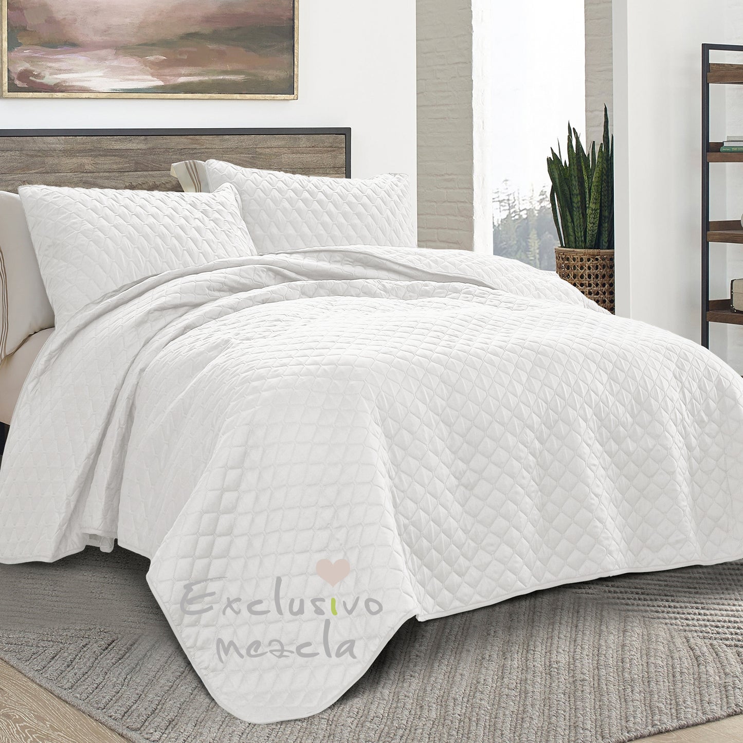 Exclusivo Mezcla Ultrasonic Reversible Full Queen Quilt Bedding Set with Pillow Shams, Lightweight Quilts Queen Size, Soft Bedspreads Bed Coverlets for All Seasons - (White, 90"x96")