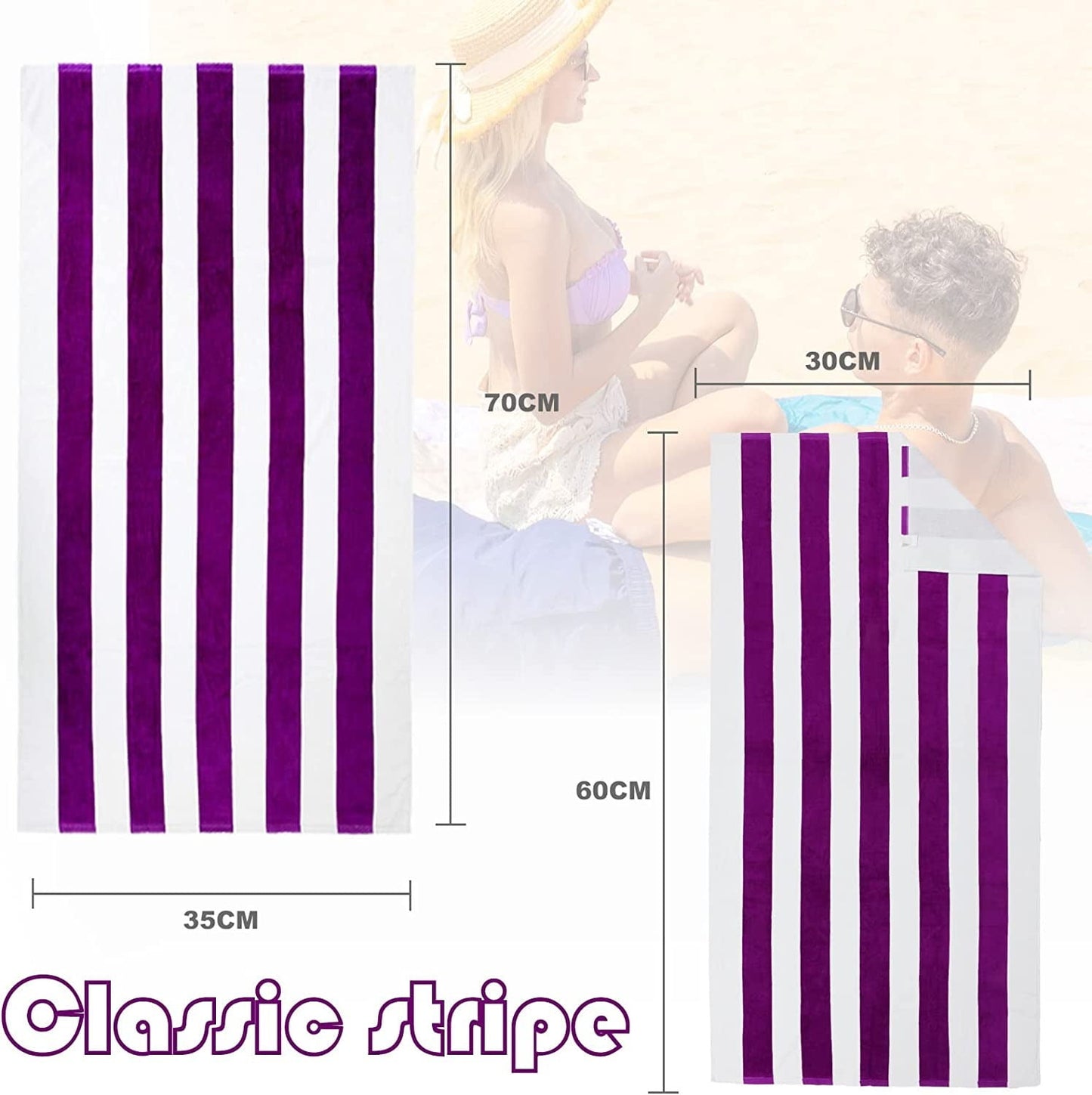 Exclusivo Mezcla Cotton Large Cabana Stripe Beach Towel, Super Absorbent Soft Plush Pool Towel, Bath Towel (Purple, 30"x60")