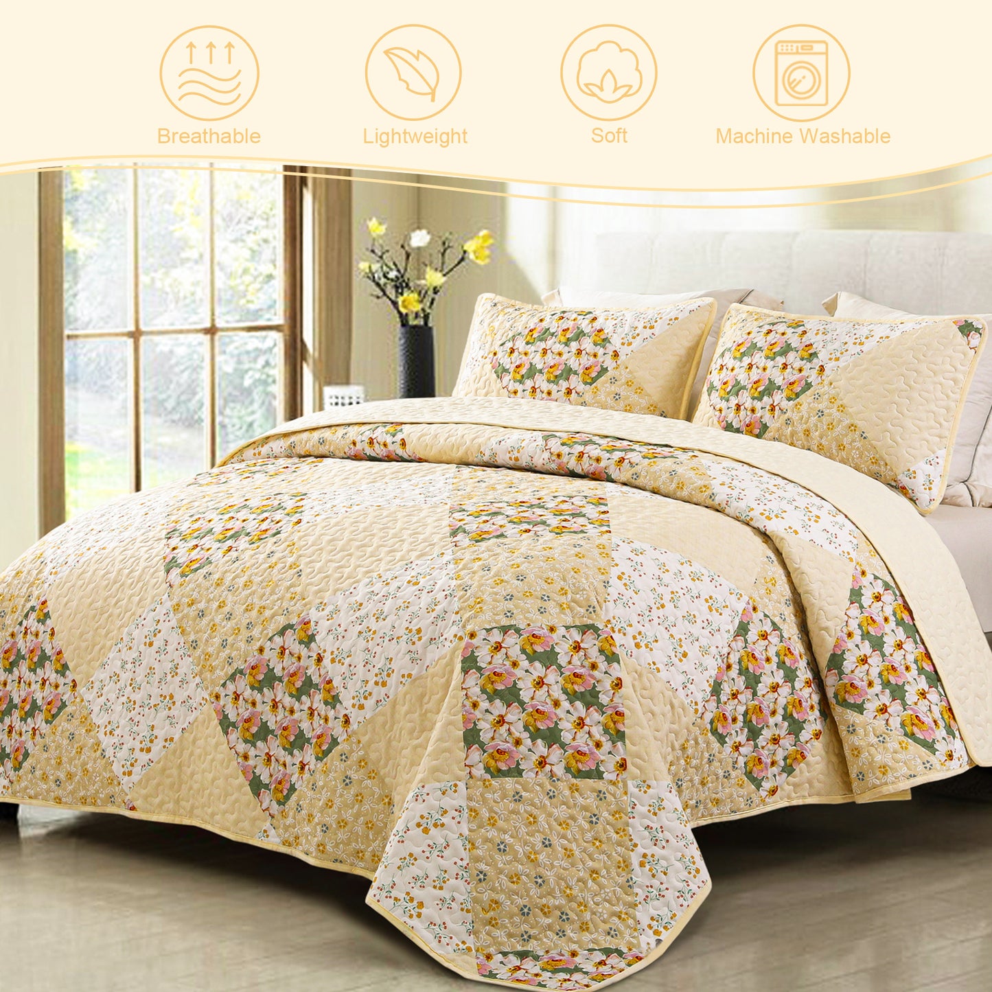 Exclusivo Mezcla Boho Bohemian Quilt Set Queen Size, Lightweight Patchwork Quilted Bedspread/Coverlet/Bed cover/Bedding set with colorful print pattern (Yellow, 96x92)