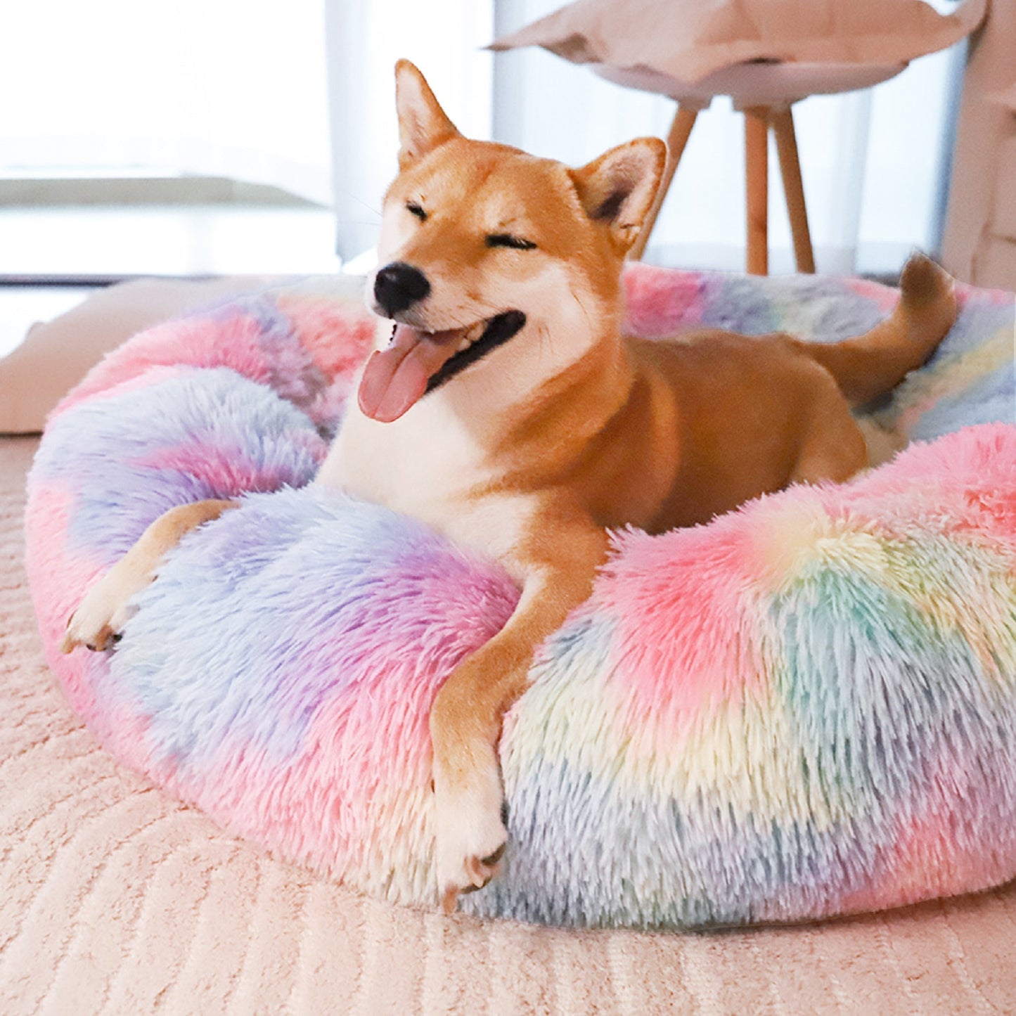 Exclusivo Mezcla Calming Donut Dog Bed for Small Medium and Large Dogs, Anti-Anxiety Plush Cozy Warming Pet Bed (24"x24",Pink Rainbow)