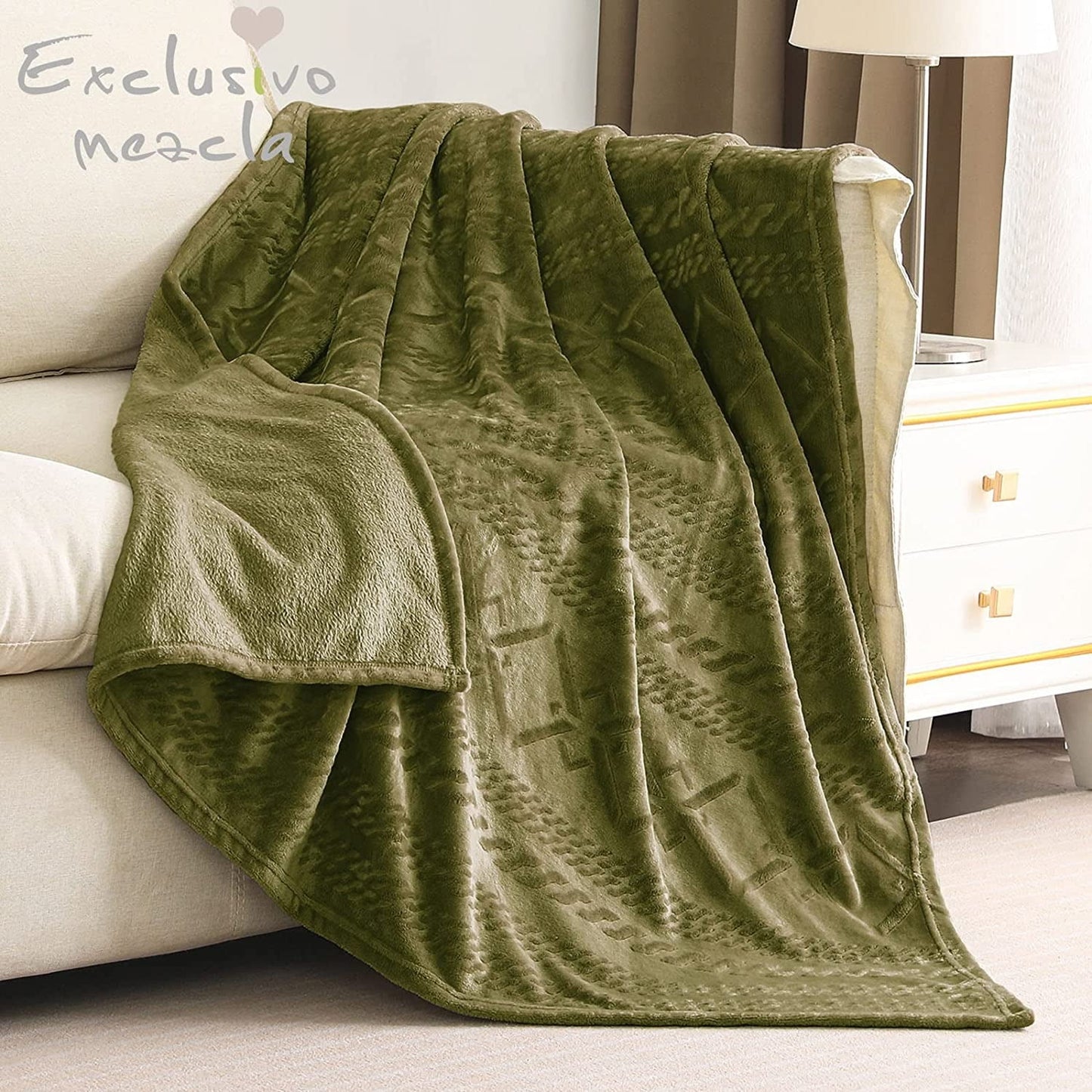 Exclusivo Mezcla Soft Throw Blanket, Large Fuzzy Fleece Blanket, Decorative Geometry Pattern Plush Throw Blanket for Couch/Sofa/Bed, 50x60 Inches, Green