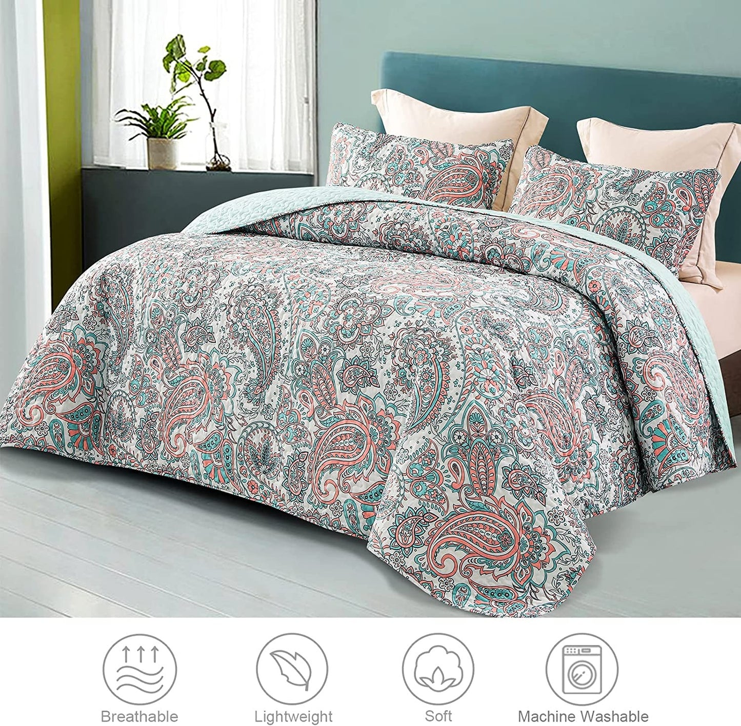 Exclusivo Mezcla Paisley Quilt Set Queen Size, 3-Piece Reversible Quilt Bedding Set with Decoractive Colorful Boho Pattern (2 Pillow Shams), Lightweight and Soft Bedspread Coverlets