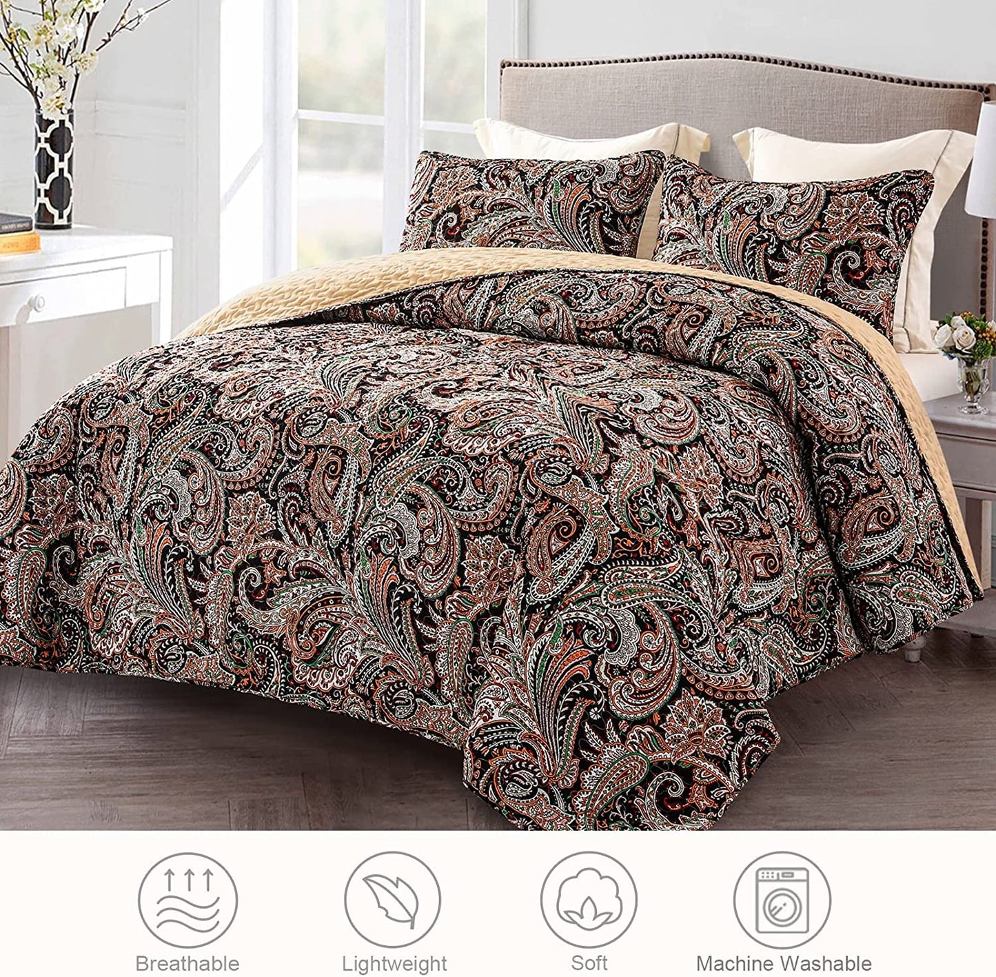 Exclusivo Mezcla Paisley Quilt Set King Size, 3-Piece Reversible Quilt Bedding Set with Decoractive Colorful Boho Pattern (2 Pillow Shams), Lightweight and Soft Bedspread Coverlets