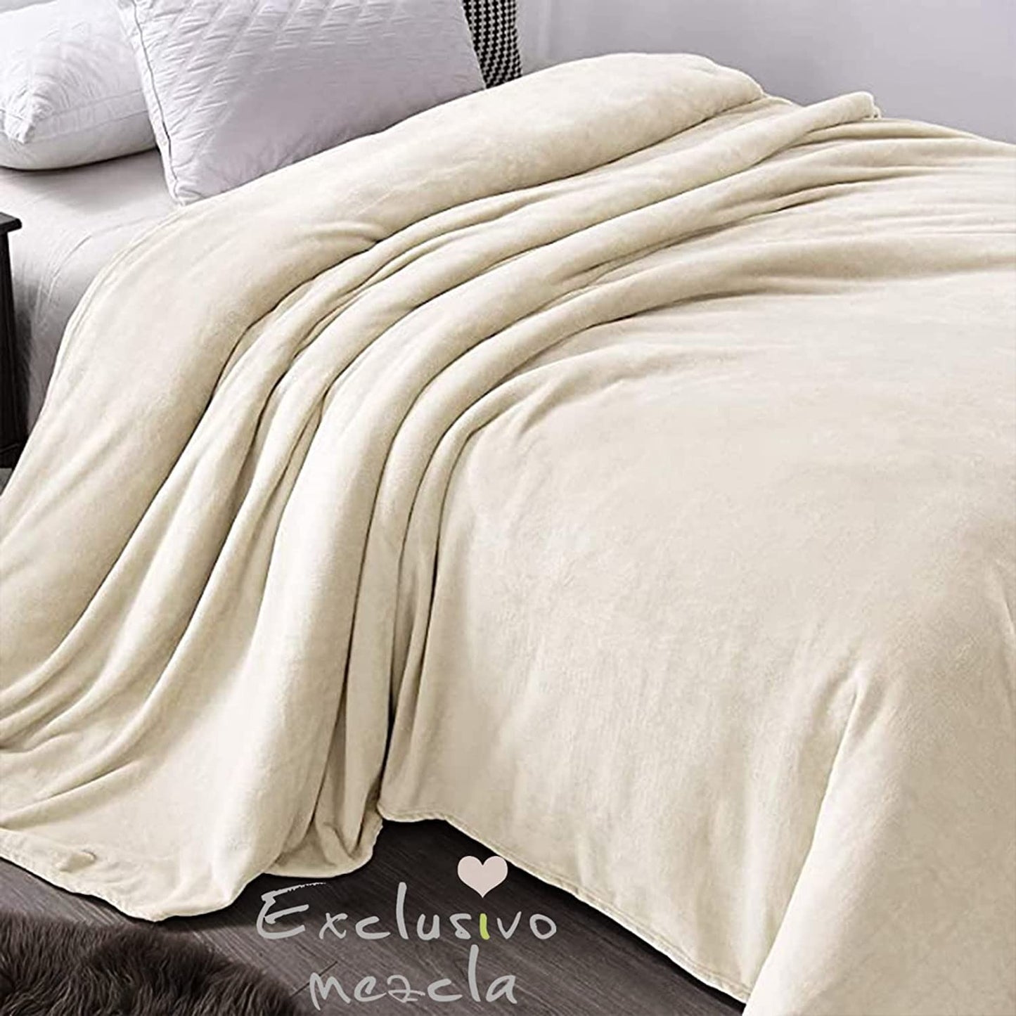 Exclusivo Mezcla Queen Size Flannel Fleece Velvet Plush Bed Blanket as Bedspread, Coverlet, Bed Cover (90x90 inches, Ivory) Soft, Lightweight, Warm and Cozy