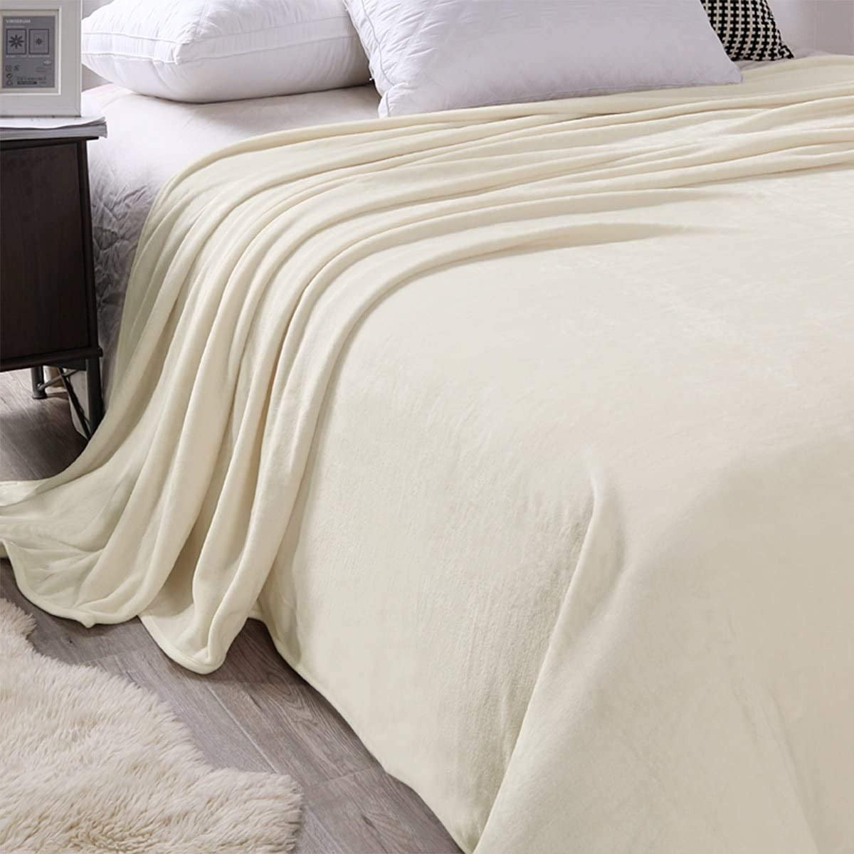 Exclusivo Mezcla Queen Size Flannel Fleece Velvet Plush Bed Blanket as Bedspread, Coverlet, Bed Cover (90x90 inches, Ivory) Soft, Lightweight, Warm and Cozy