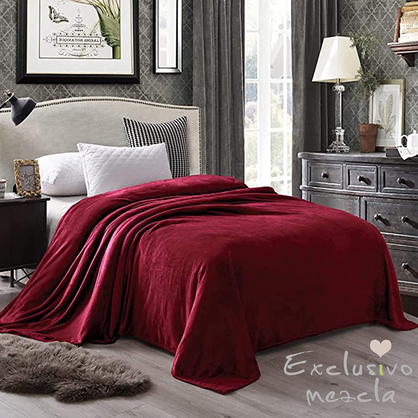 Exclusivo Mezcla Queen Size Flannel Fleece Velvet Plush Bed Blanket as Bedspread, Coverlet, Bed Cover (90x90 inches, Deep Red) Soft, Lightweight, Warm and Cozy