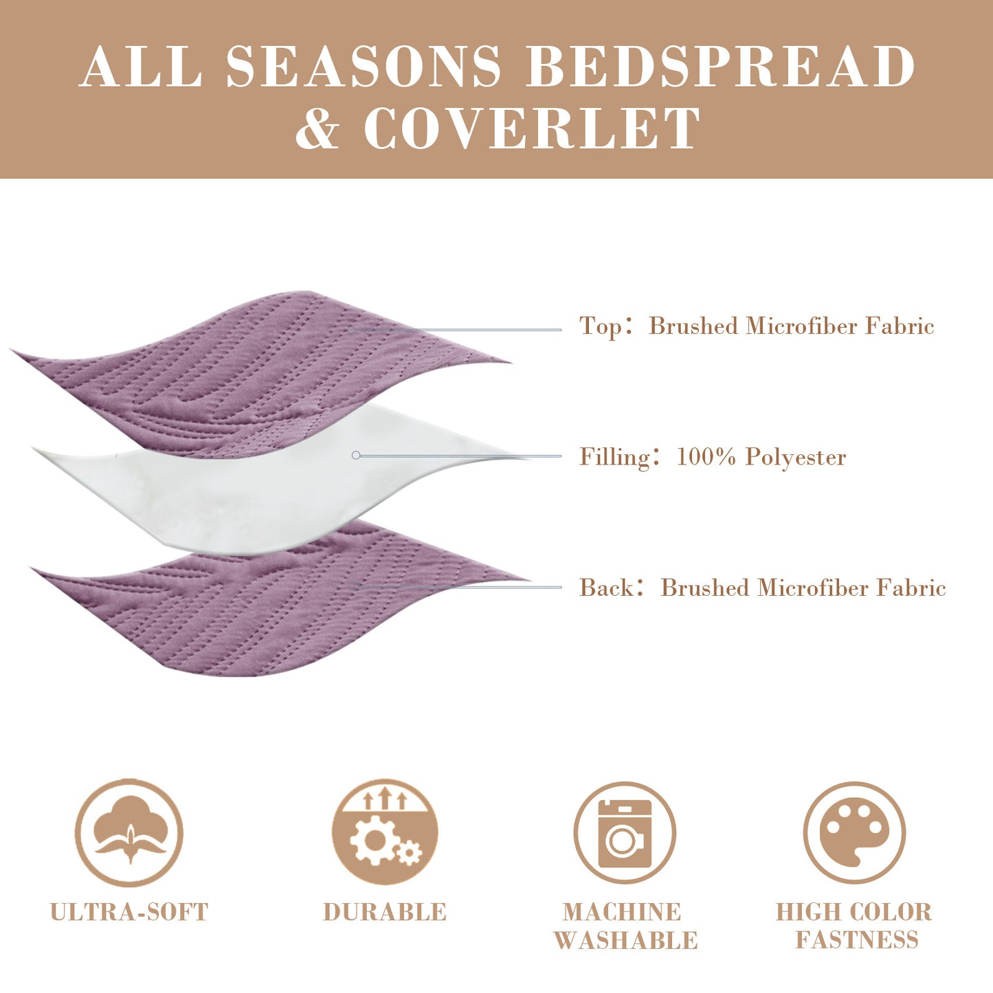 Exclusivo Mezcla Ultrasonic California King Size Quilt Set Dusty Lavender, 3 Pieces Lightweight Bedspread Leaf Pattern Bed Cover Soft Microfiber Coverlet Bedding Set for All Seasons