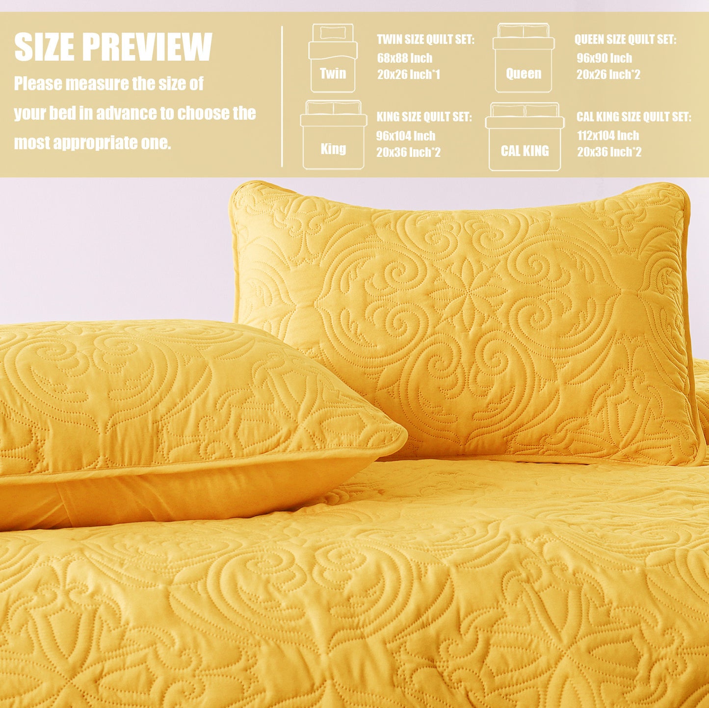 Exclusivo Mezcla Queen Quilt Bedding Set, Lightweight Vintage Queen Size Quilts with Pillow Shams, Soft Bedspreads Coverlets for All Seasons, (96"x90", Yellow)