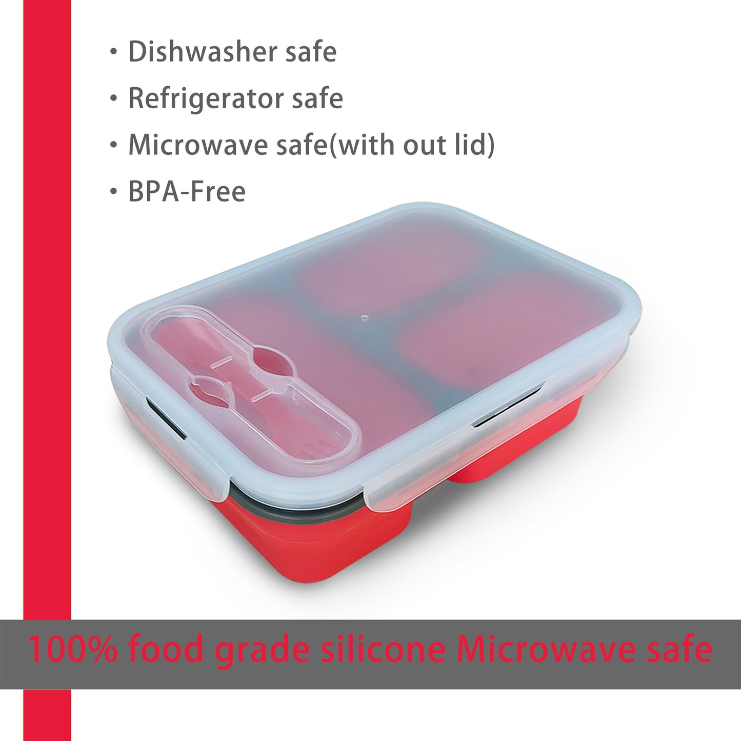 Exclusivo Mezcla Collapsible Bento Lunch Box (1pcs), Silicone Bento Box Adult Lunch Box With Spork & Leakproof Lid, BPA Free, Space Saving Food Storage Containers with 3 Compartments, Red