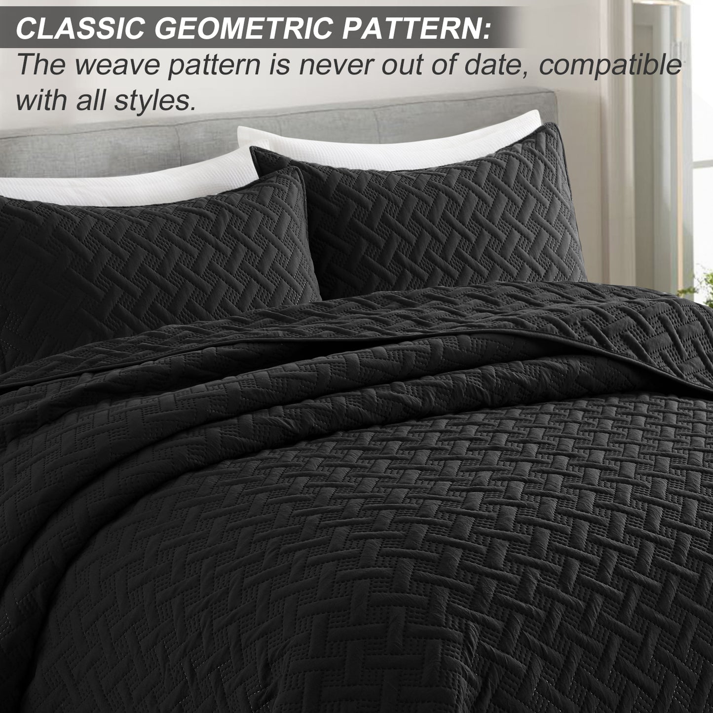 Exclusivo Mezcla 3-Piece Black King Size Quilt Set, Weave Pattern Ultrasonic Lightweight and Soft Quilts/Bedspreads/Coverlets/Bedding Set (1 Quilt, 2 Pillow Shams) for All Seasons