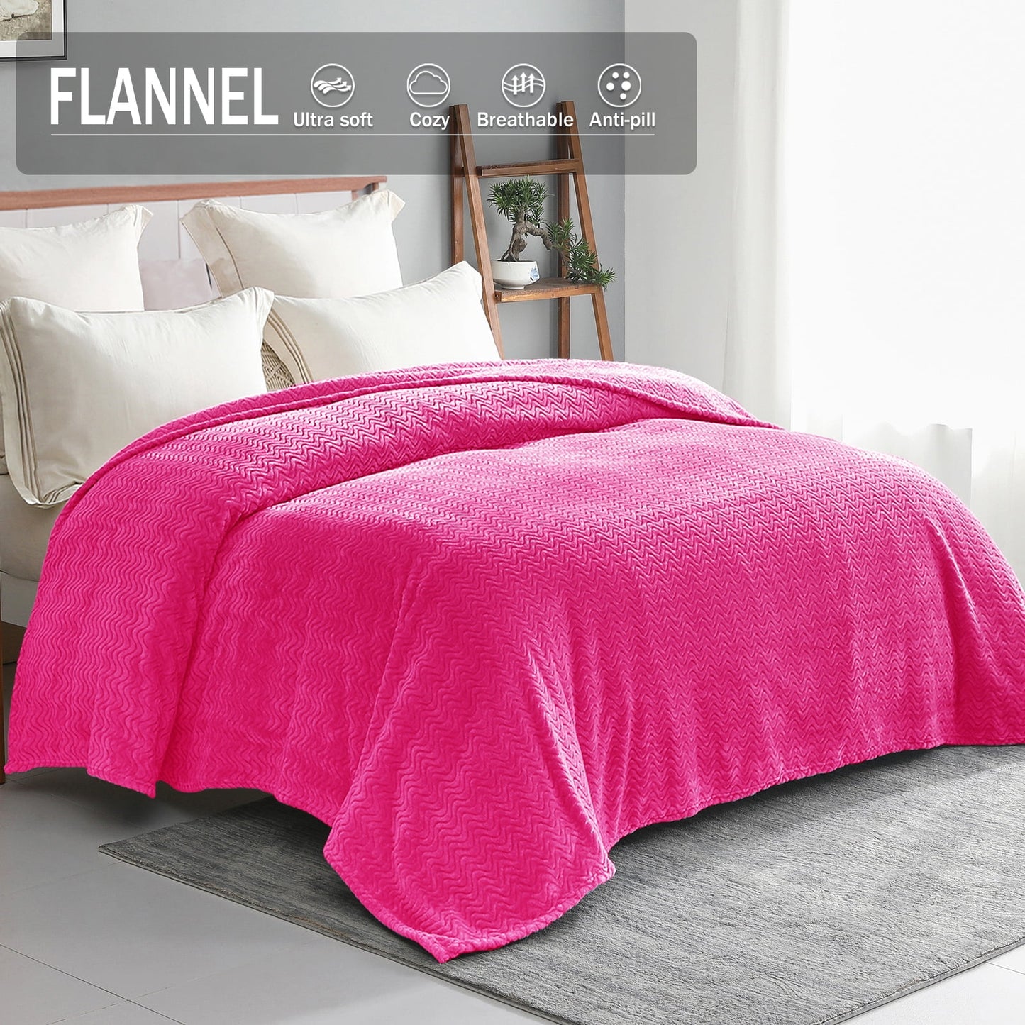 Exclusivo Mezcla Twin Size Flannel Fleece Blanket, 90x66 Inches Soft Jacquard Weave Wave Pattern Velvet Plush Blanket for Bed, Cozy, Warm, Lightweight and Decorative Hot Pink Blanket