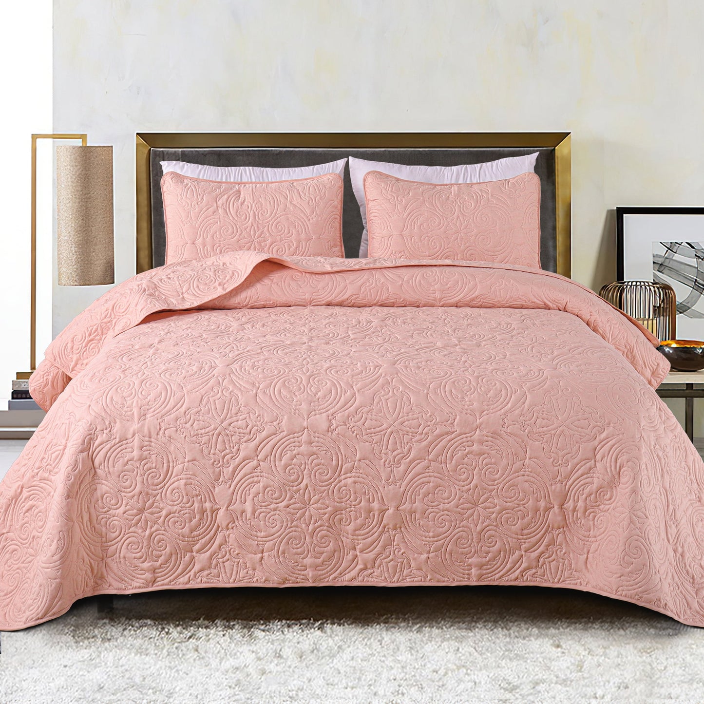 Exclusivo Mezcla Oversized King Quilt Bedding Set, Lightweight Vintage California Cal King Size Quilts with Pillow Shams, Soft Bedspreads Coverlets for All Seasons, (112"x104", Blush Pink)