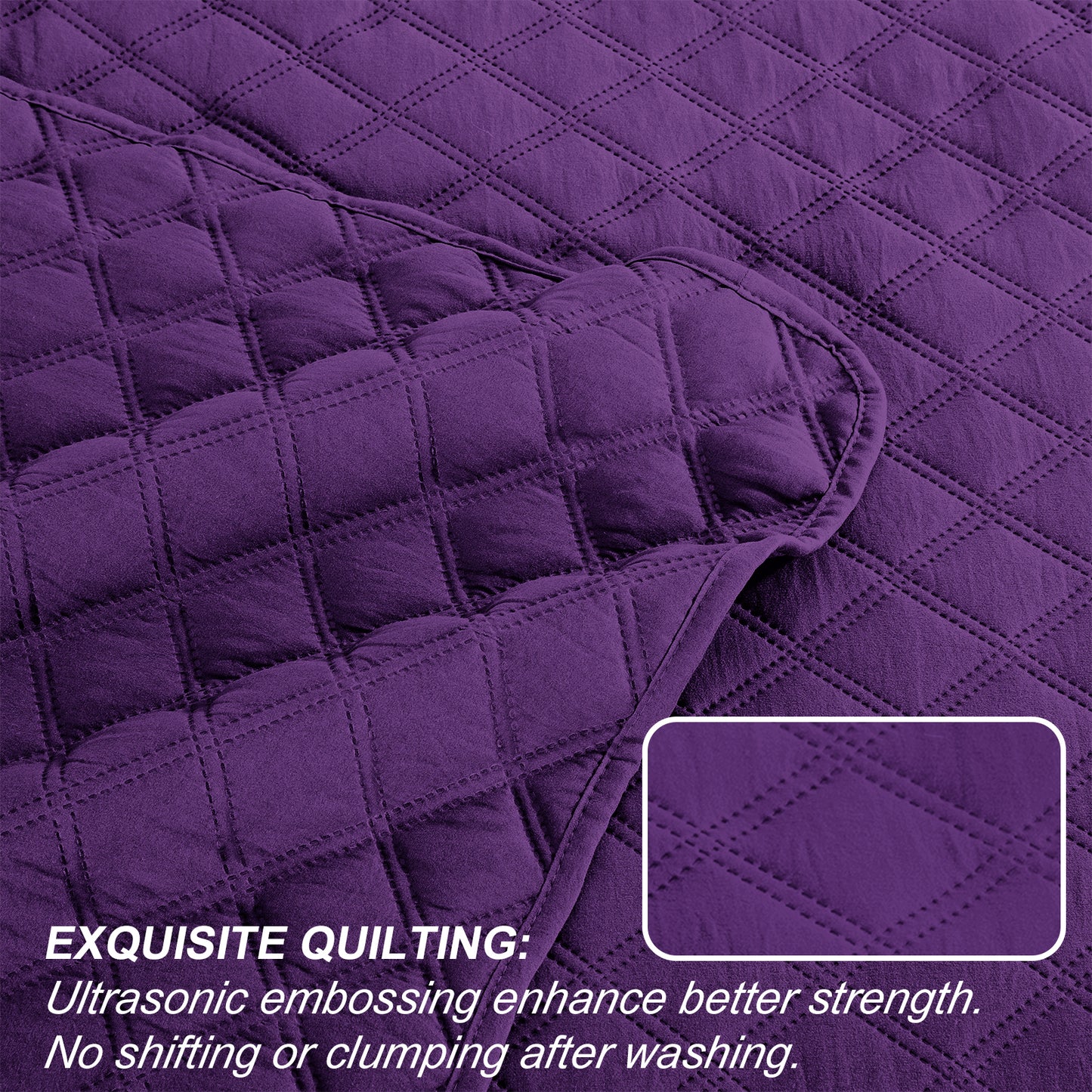 Exclusivo Mezcla 3-Piece Deep Purple Queen Size Quilt Set, Box Pattern Ultrasonic Lightweight and Soft Quilts/Bedspreads/Coverlets/Bedding Set (1 Quilt, 2 Pillow Shams) for All Seasons