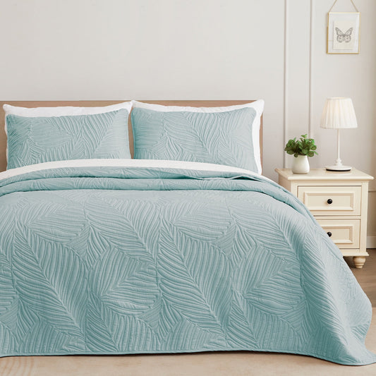 Exclusivo Mezcla Ultrasonic King Quilt Set Aqua Blue, 3 Pieces Lightweight Bedspread Leaf Pattern Bed Cover Soft Coverlet Bedding Set