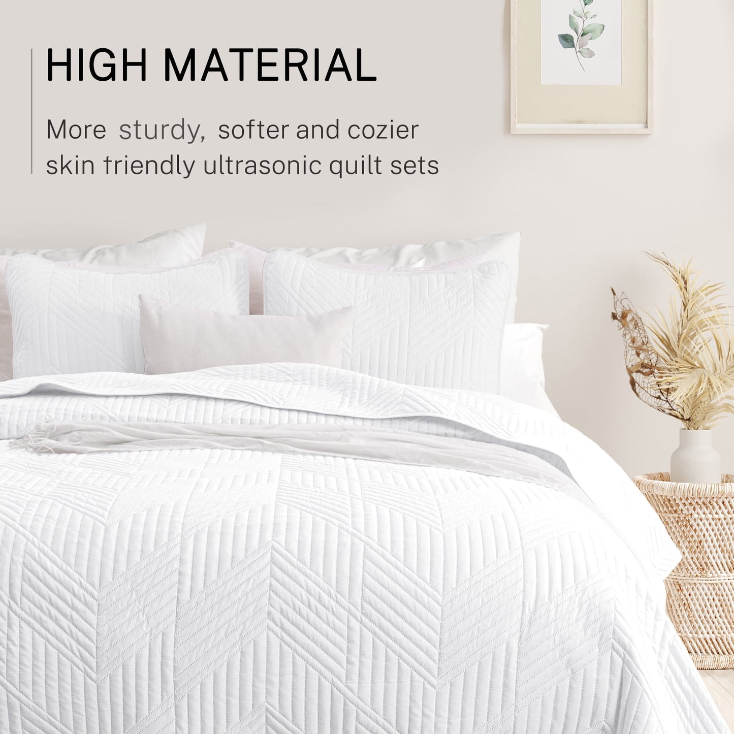 Exclusivo Mezcla Ultrasonic King Quilt Bedding Set, Lightweight White Bedspreads Soft Modern Geometric Coverlet Set for All Seasons (1 Quilt and 2 Pillow Shams)