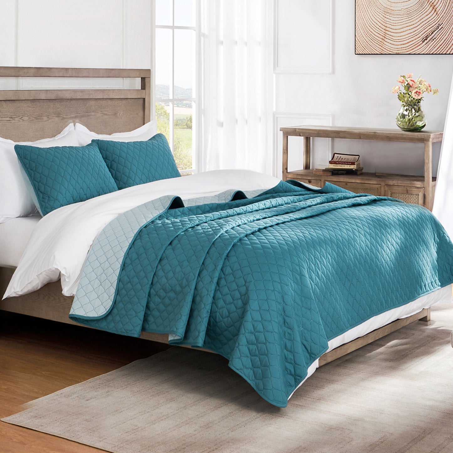 Exclusivo Mezcla Ultrasonic Reversible Twin Quilt Bedding Set with Pillow Sham, Lightweight Quilts Twin Size, Soft Bedspreads Bed Coverlets for All Seasons - (Dusty Teal, 68"x88")