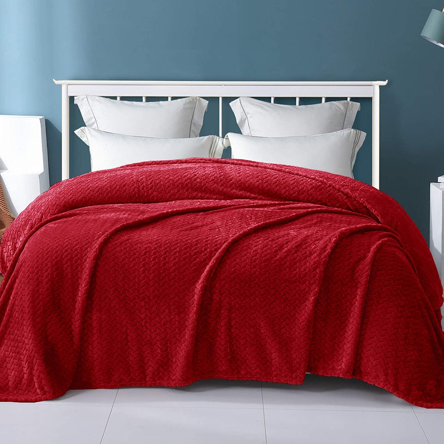 Exclusivo Mezcla Twin Size Jacquard Weave Leaves Pattern Flannel Fleece Velvet Plush Bed Blanket for Couch Bed Sofa (90" x 66", Red) - Soft, Lightweight, Warm and Cozy
