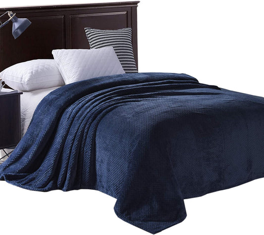 Exclusivo Mezcla Waffle Textured Soft Fleece Blanket, Twin Size Bed Blanket, Cozy Warm and Lightweight (Navy Blue, 90x66 inches)