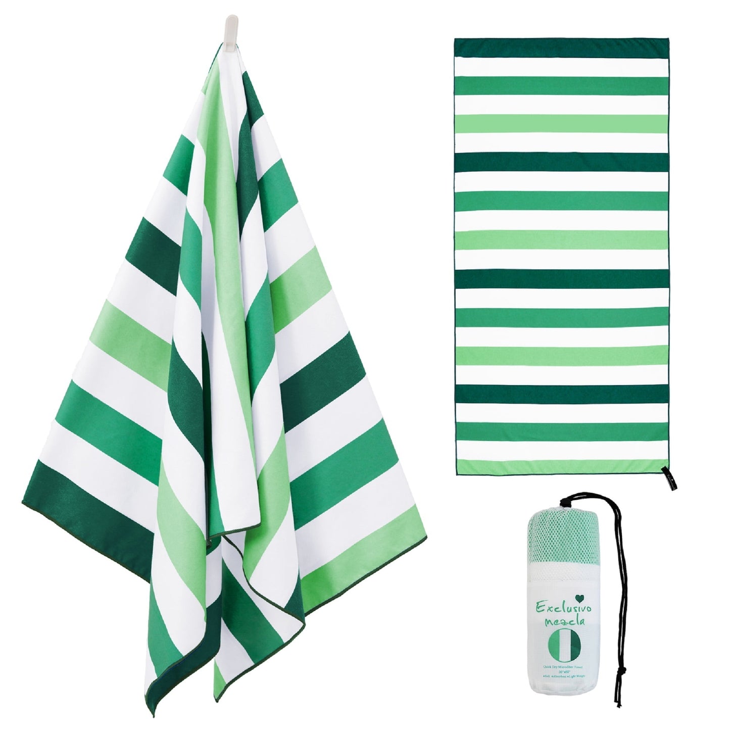 Exclusivo Mezcla Microfiber Quick Dry Beach Towel, Large Sand Free Beach Towel for Travel/Camping/Sports (Striped Forest Green, 30"X60") - Super Absorbent, Compact and Lightweight