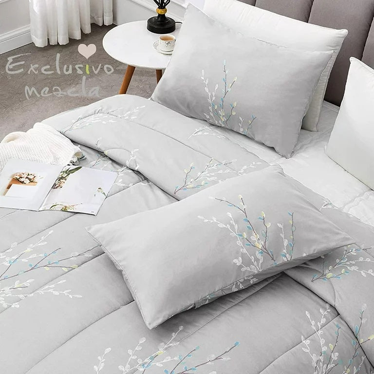 Exclusivo Mezcla 3-Piece Floral Queen Comforter Set, Microfiber Bedding Down Alternative Comforter for All Seasons with 2 Pillow Shams, Grey