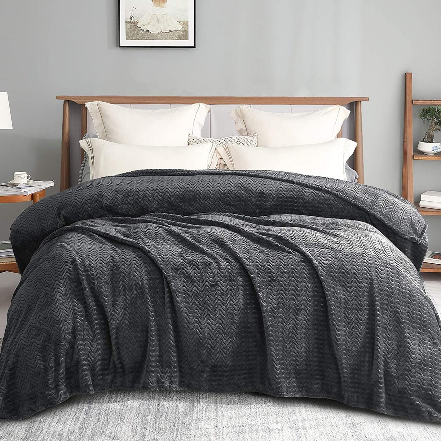 Exclusivo Mezcla Queen Size Jacquard Weave Wave Pattern Flannel Fleece Velvet Plush Bed Blanket as Bedspread/Coverlet/Bed Cover (90" x 90", Grey) - Soft, Lightweight, Warm and Cozy