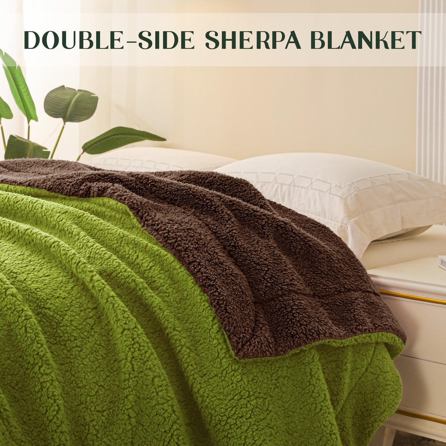 Exclusivo Mezcla King Size Reversible Sherpa Fleece Blanket, Soft Plush Blanket for Bed Sofa, Warm Fluffy Blankets for All Season, 90x104 Inches, Olive/Brown