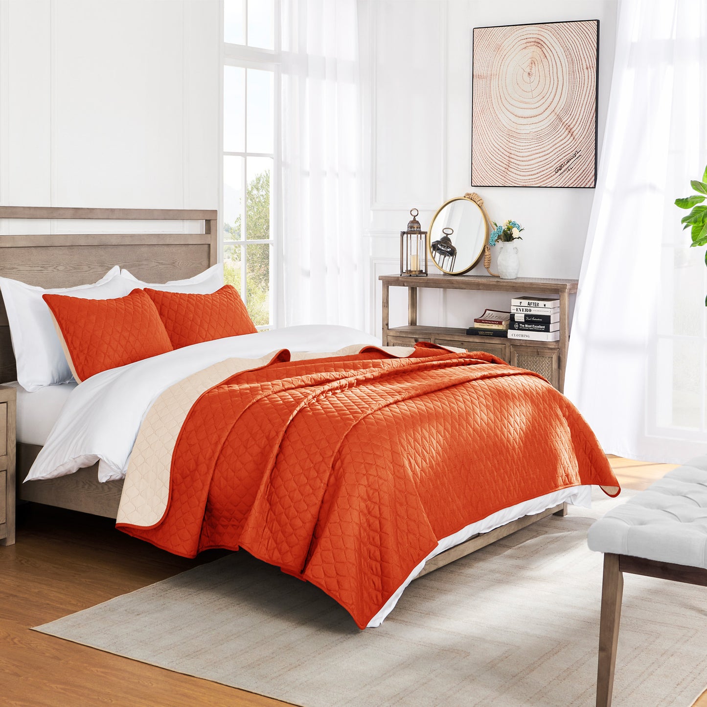Exclusivo Mezcla Ultrasonic King Size Quilt Bedding Set with Pillow Shams, Lightweight Quilts King Size, Soft Bedspreads Bed Coverlets for All Seasons - (Burnt Orange, 104"x96")