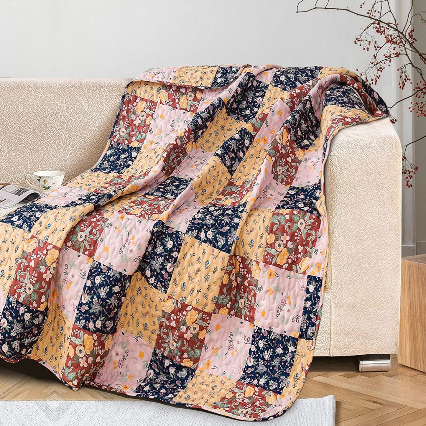 Exclusivo Mezcla Microfiber Boho Patchwork Pattern Quilted Throw Blanket for Bed/Couch/Sofa, Soft and Lightweight (50"x 60",Brown)