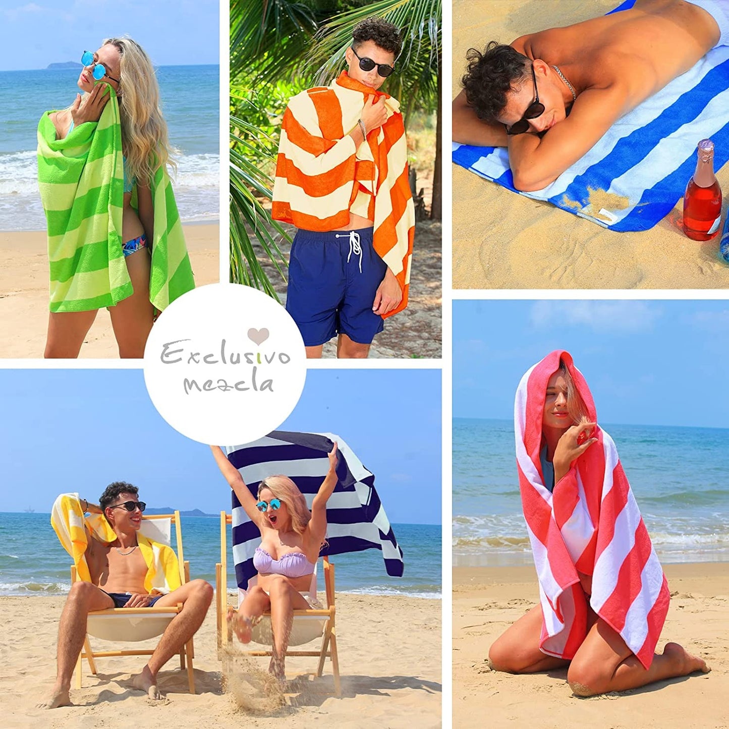 Exclusivo Mezcla 2 Pack Microfiber Cabana Striped Large Beach Towel for Adults (Blue, 30" x 60")-Soft, Quick Dry, Absorbent, and Plush