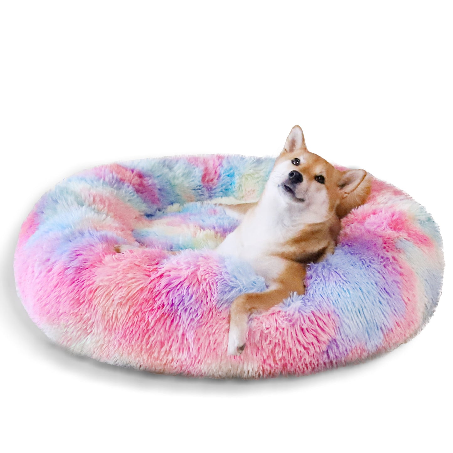 Exclusivo Mezcla Calming Donut Dog Bed for Small Medium and Large Dogs, Anti-Anxiety Plush Cozy Warming Pet Bed (24"x24",Pink Rainbow)